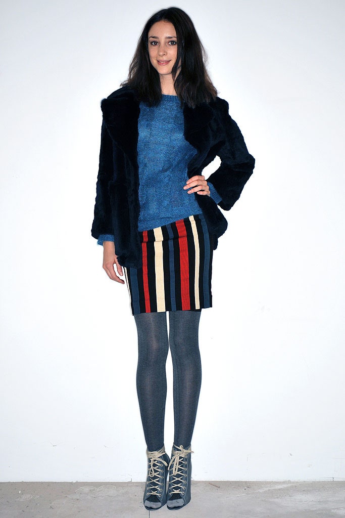 black faux-fur coat with blue sweater