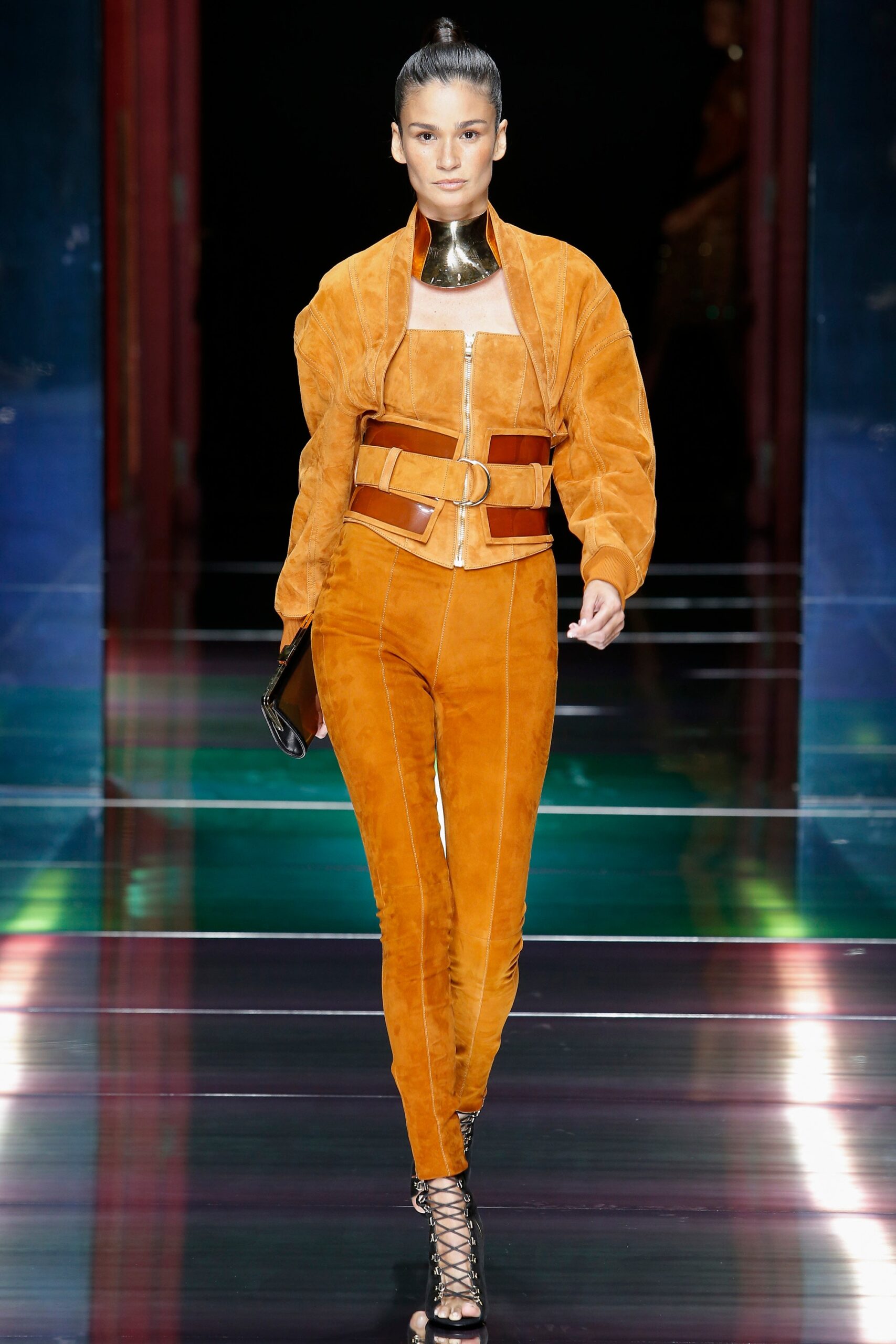 orange suede long-sleeve collared fitted zippered belted jacket