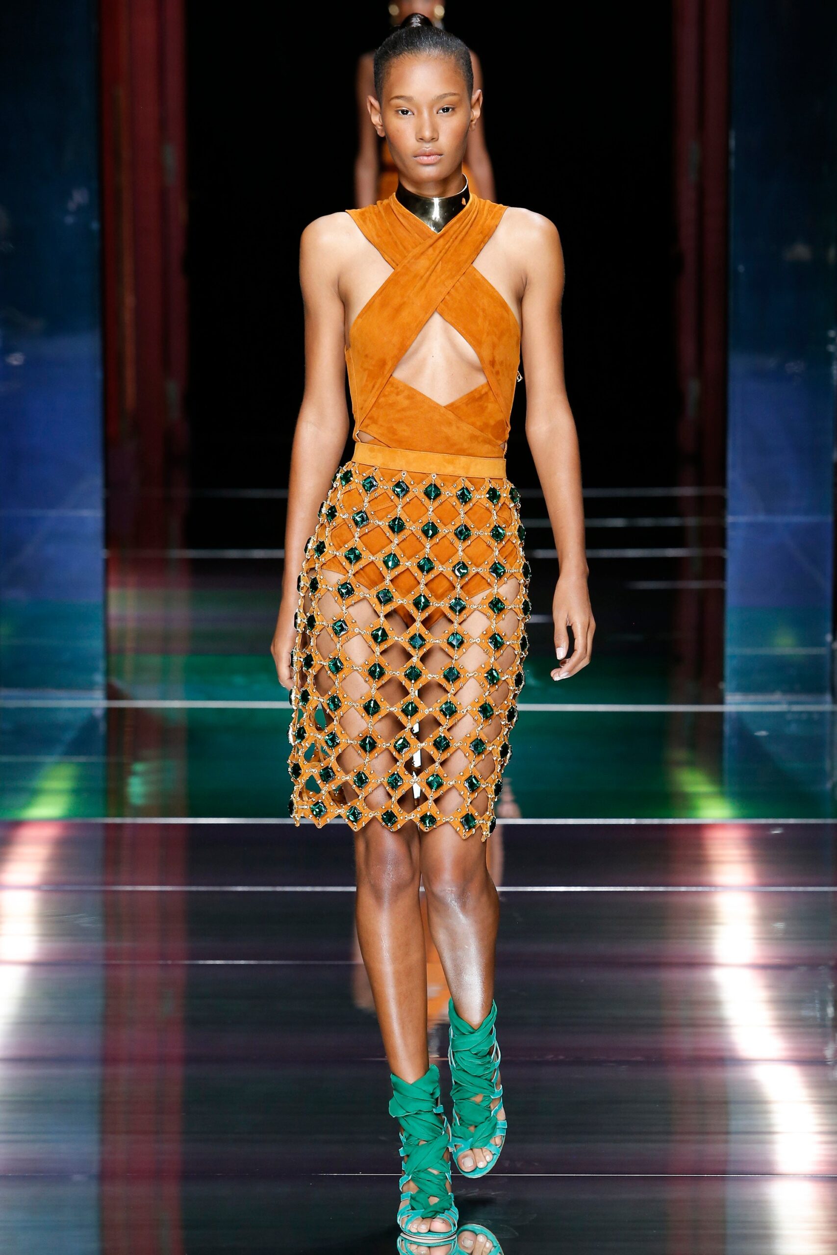 orange suede sleeveless cutout fitted tiered mini dress
