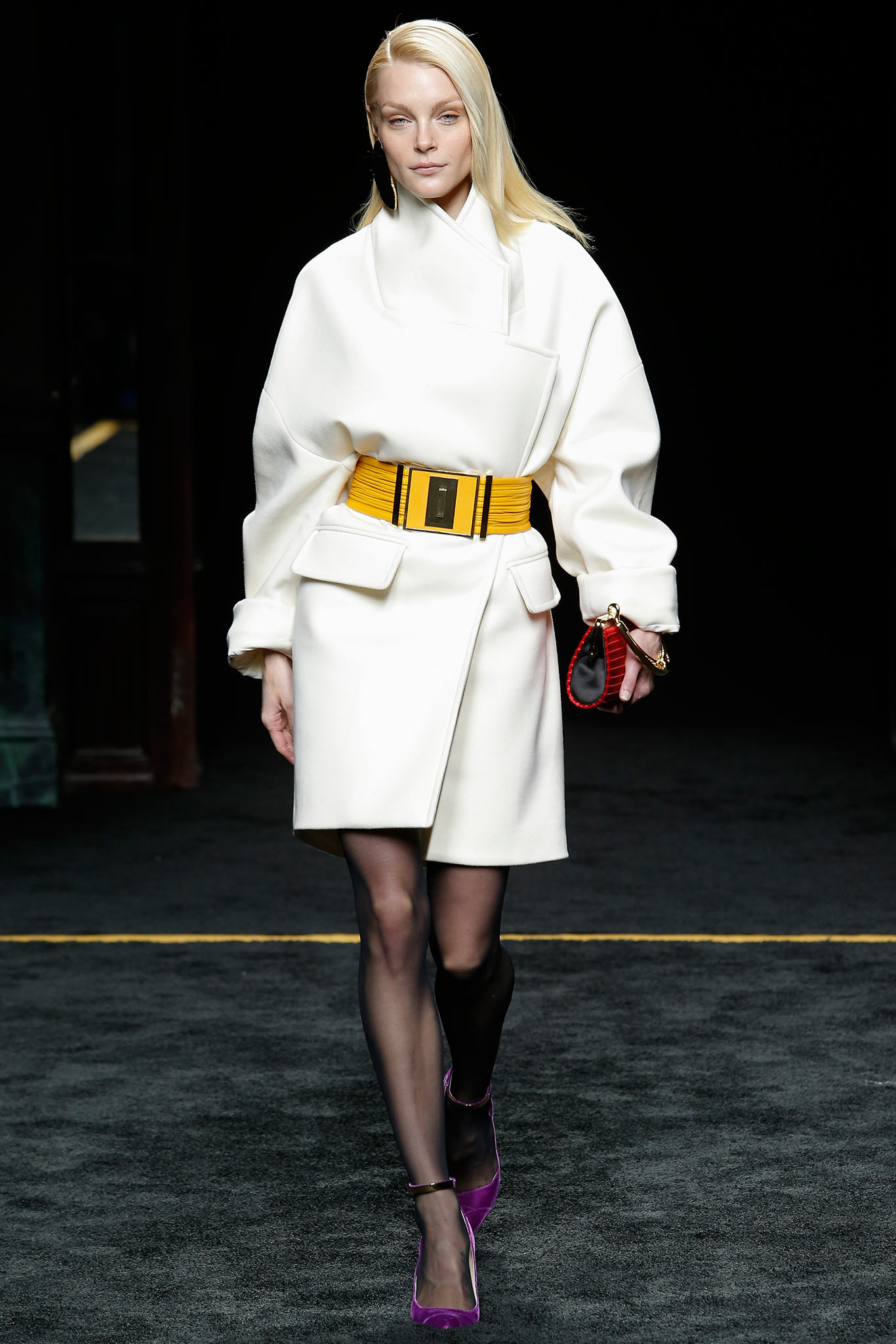 oversized white coat with yellow belt