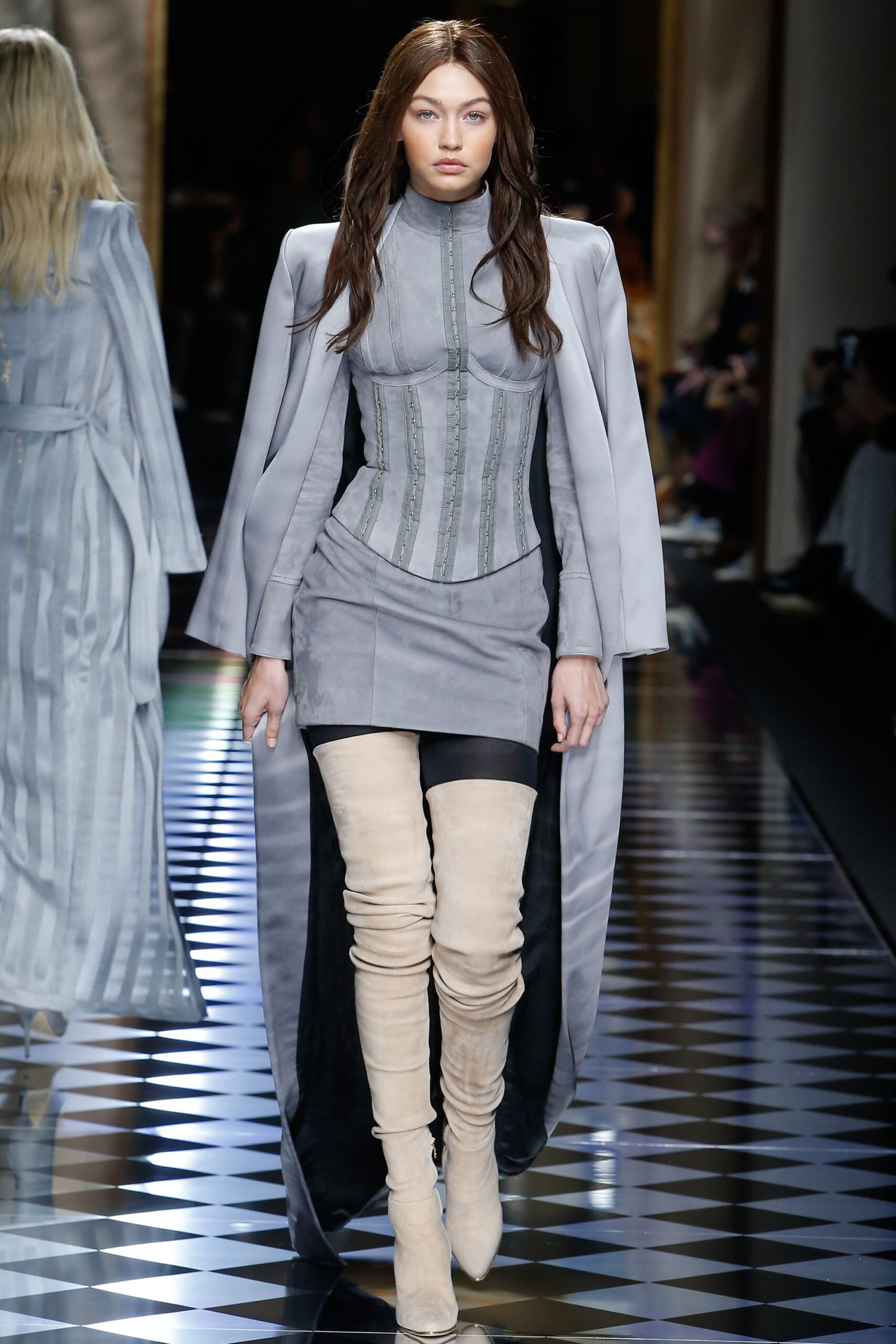 gray silk coat and leather dress