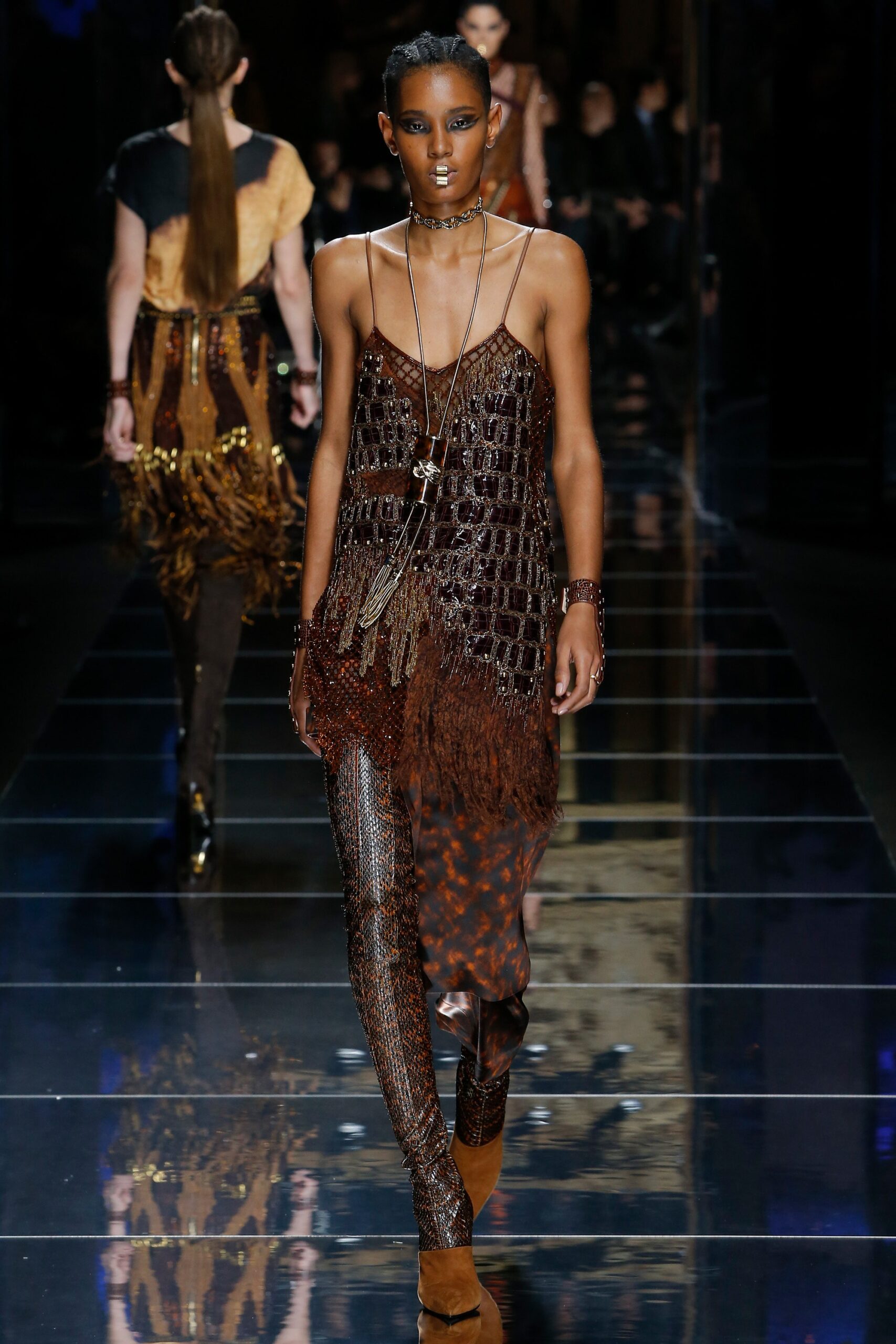 brown silk sleeveless v-neck fitted fringed layered dress