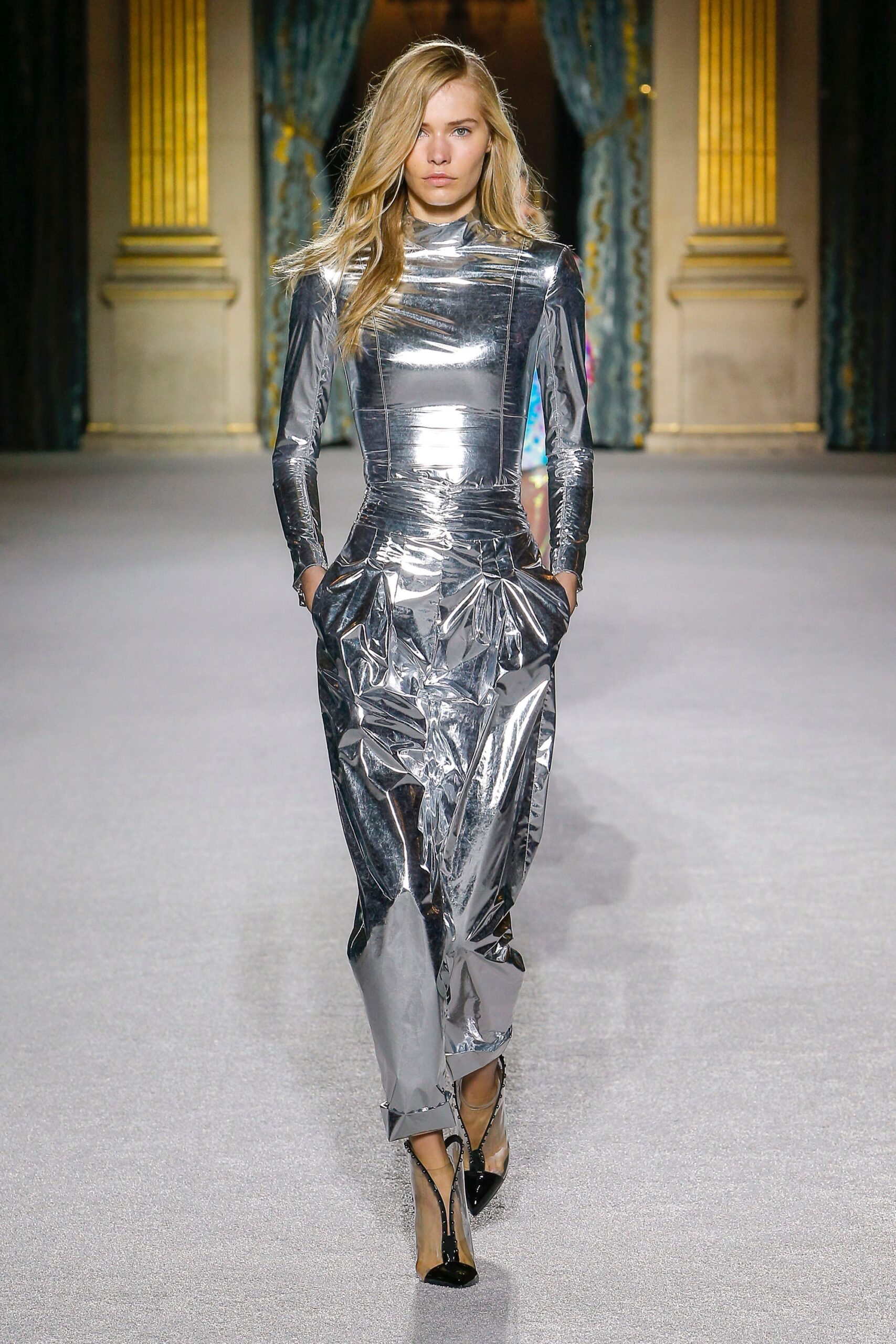 fitted silver vinyl jumpsuit