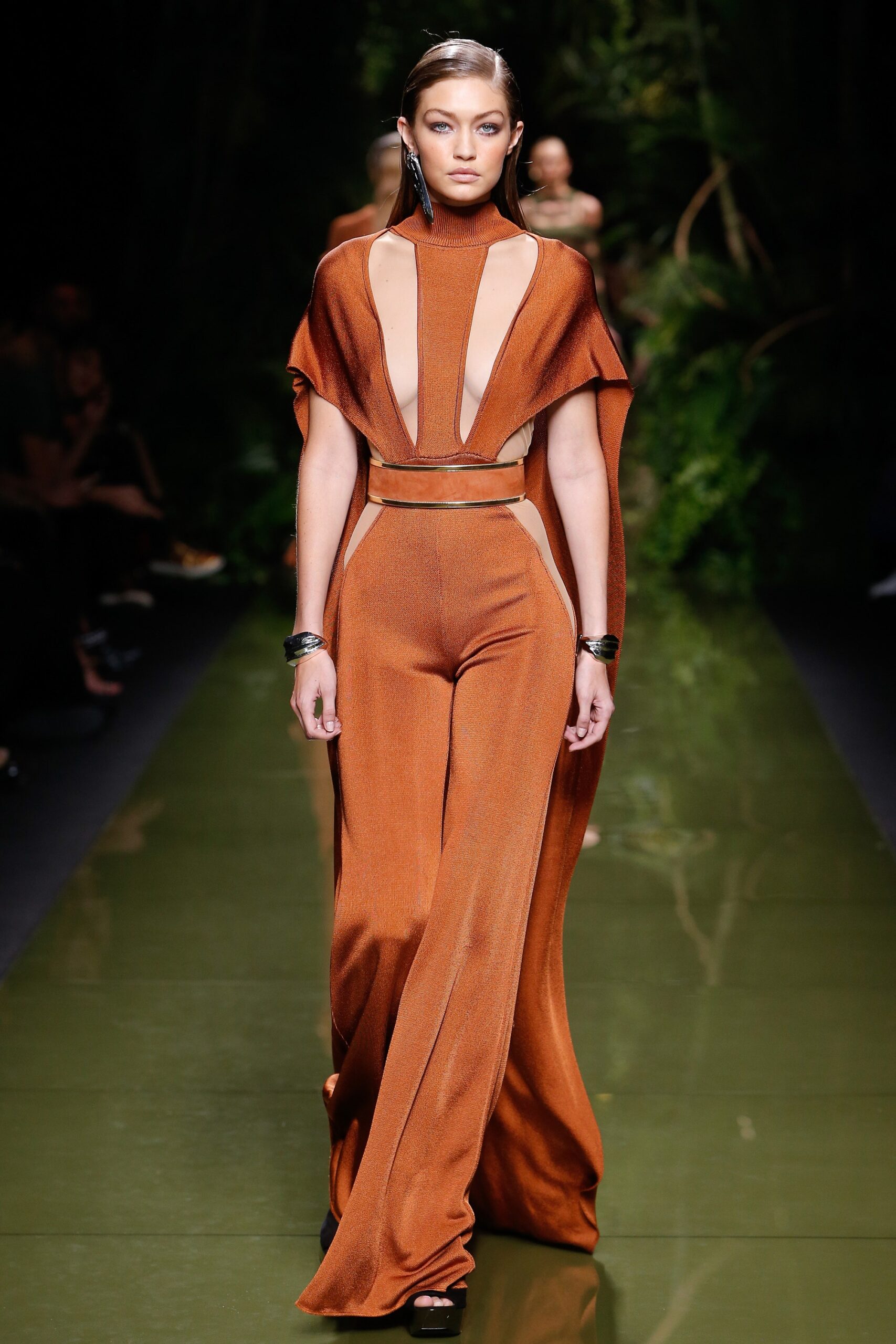 orange silk fitted jumpsuit