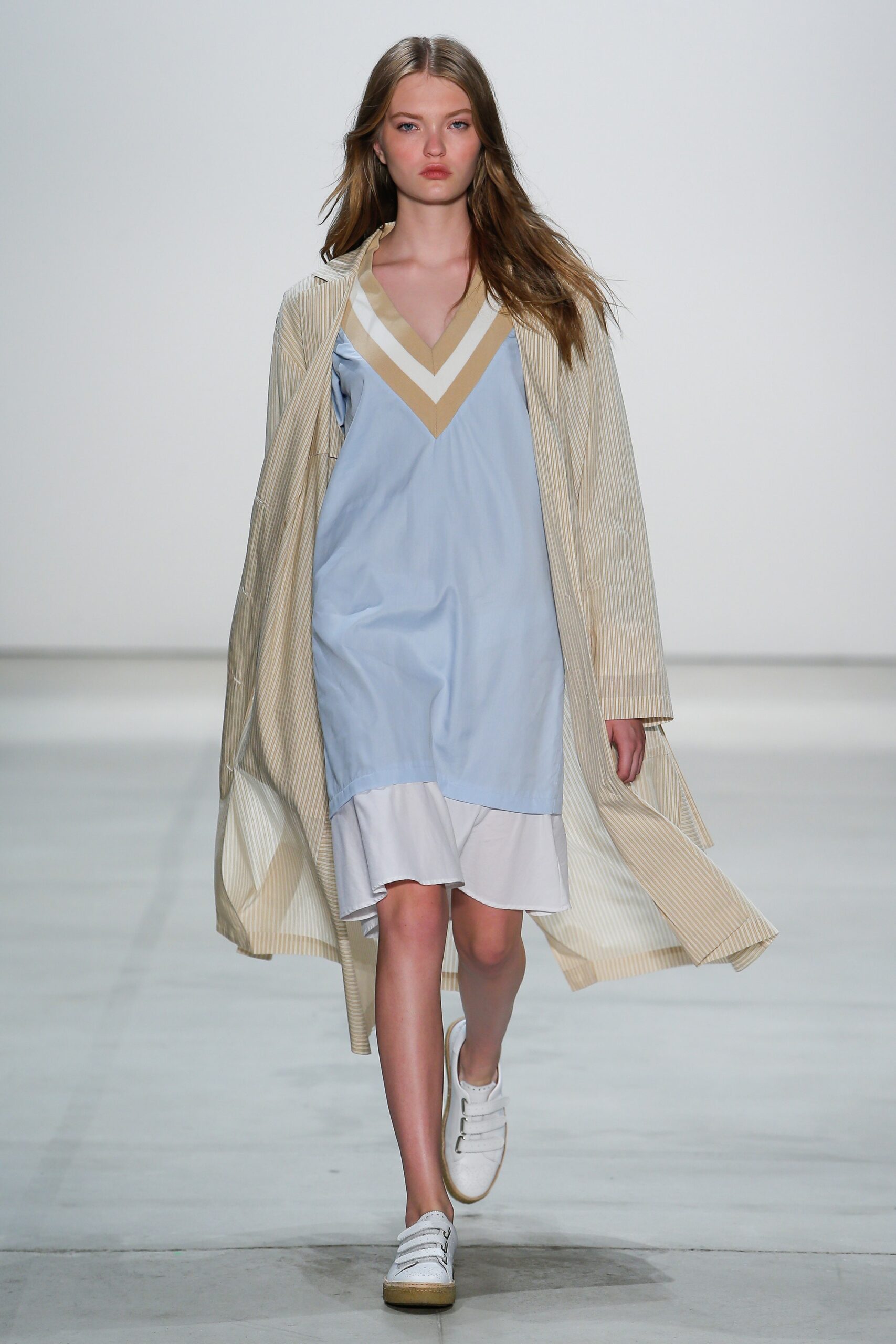 blue and beige layered dress with coat