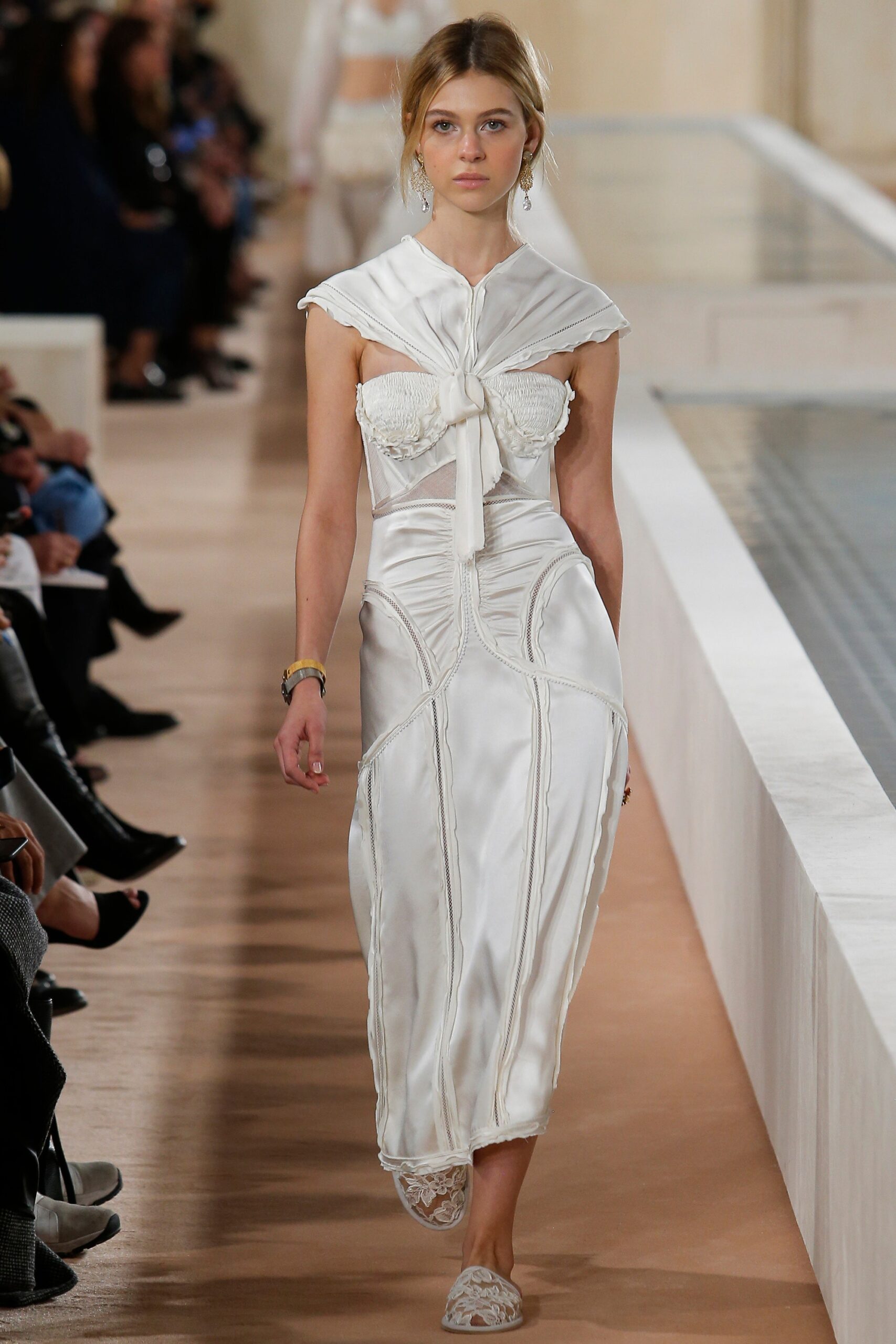 fitted white silk midi dress