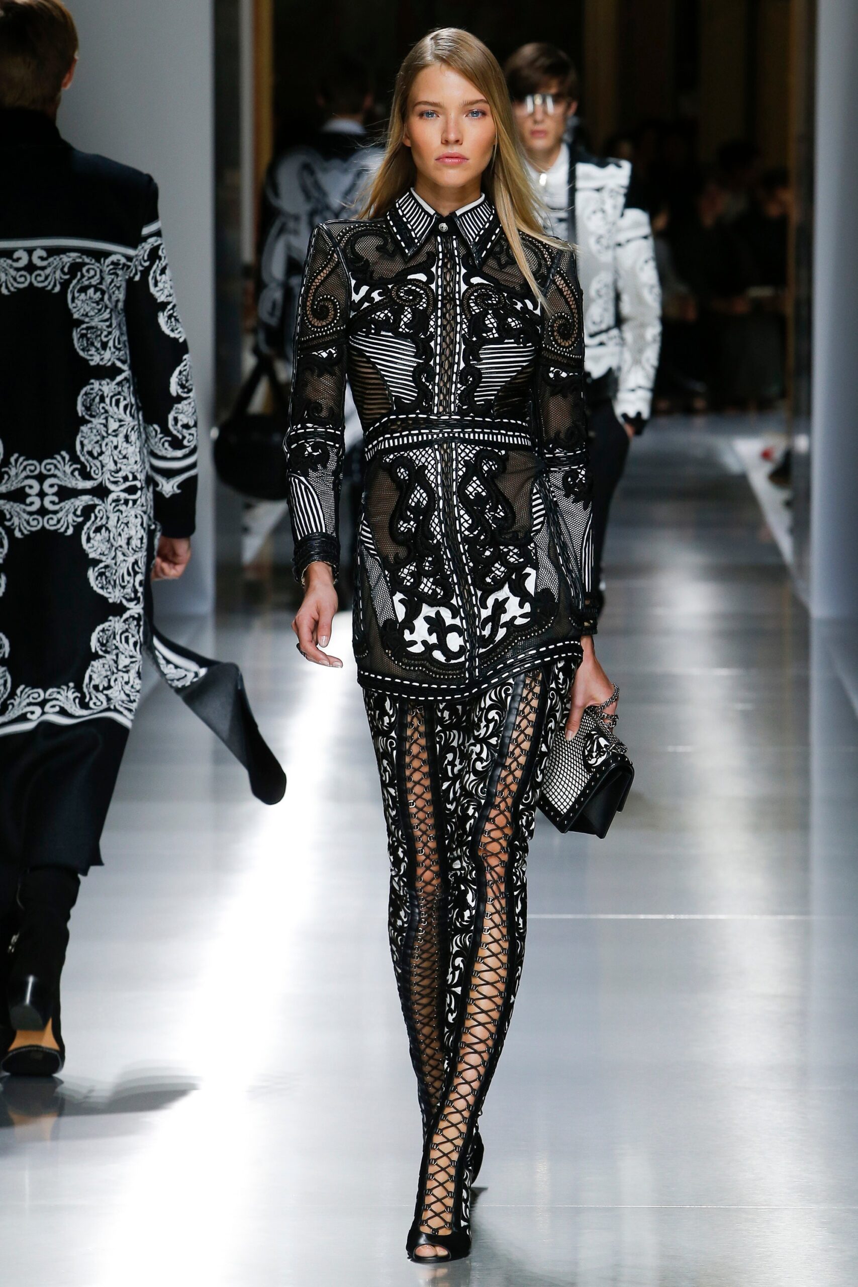 black and white lace dress with flared pants