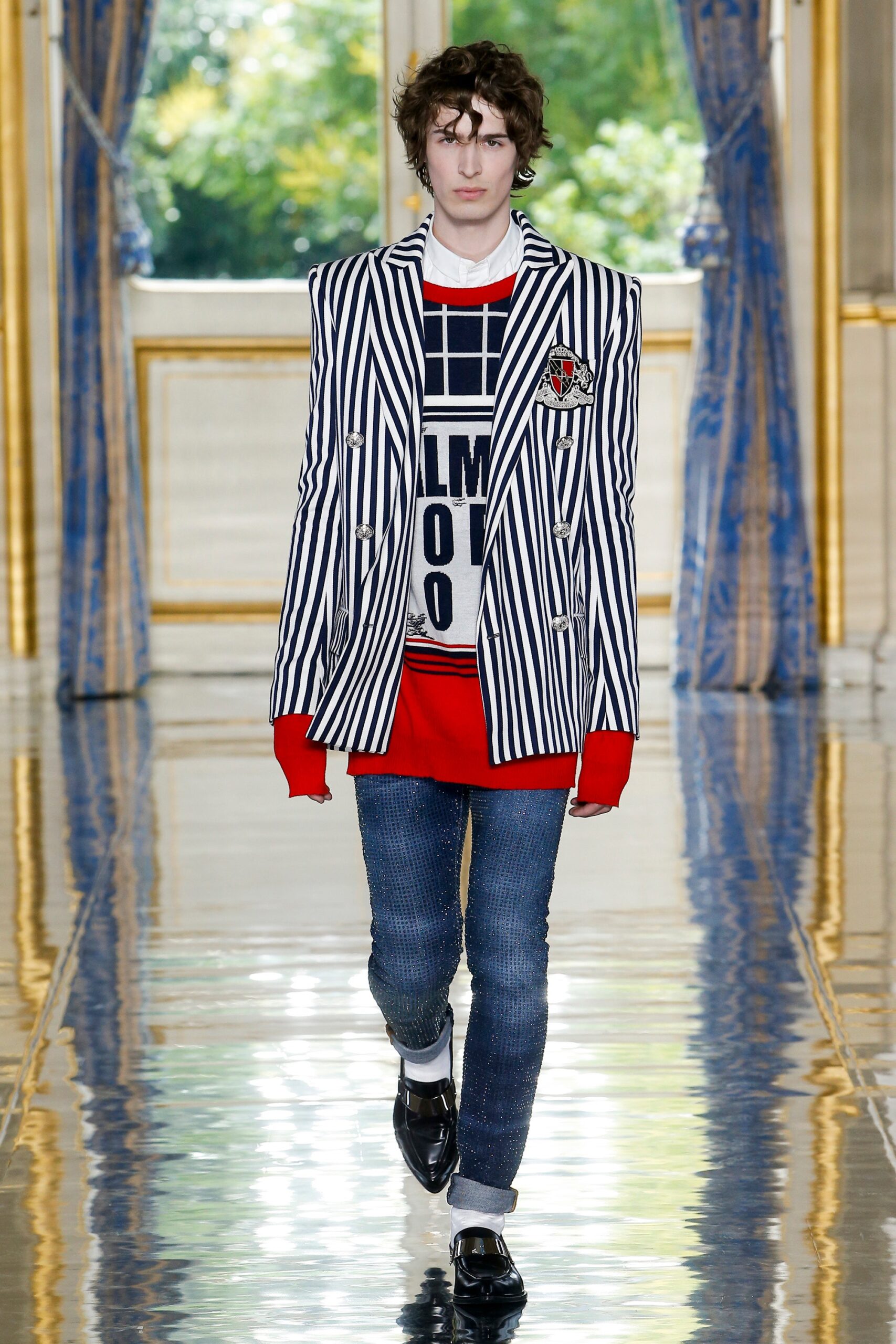 striped blazer with red t-shirt