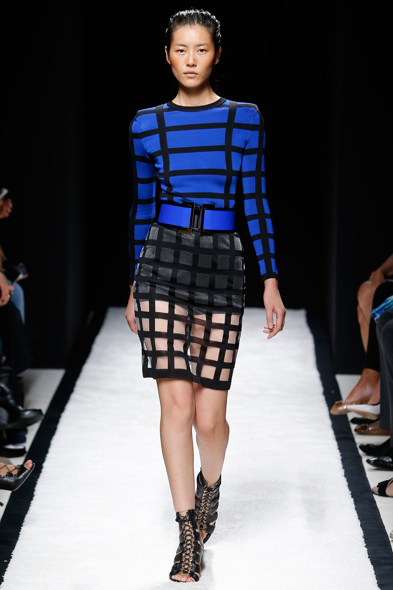 blue and black checked top with sheer skirt