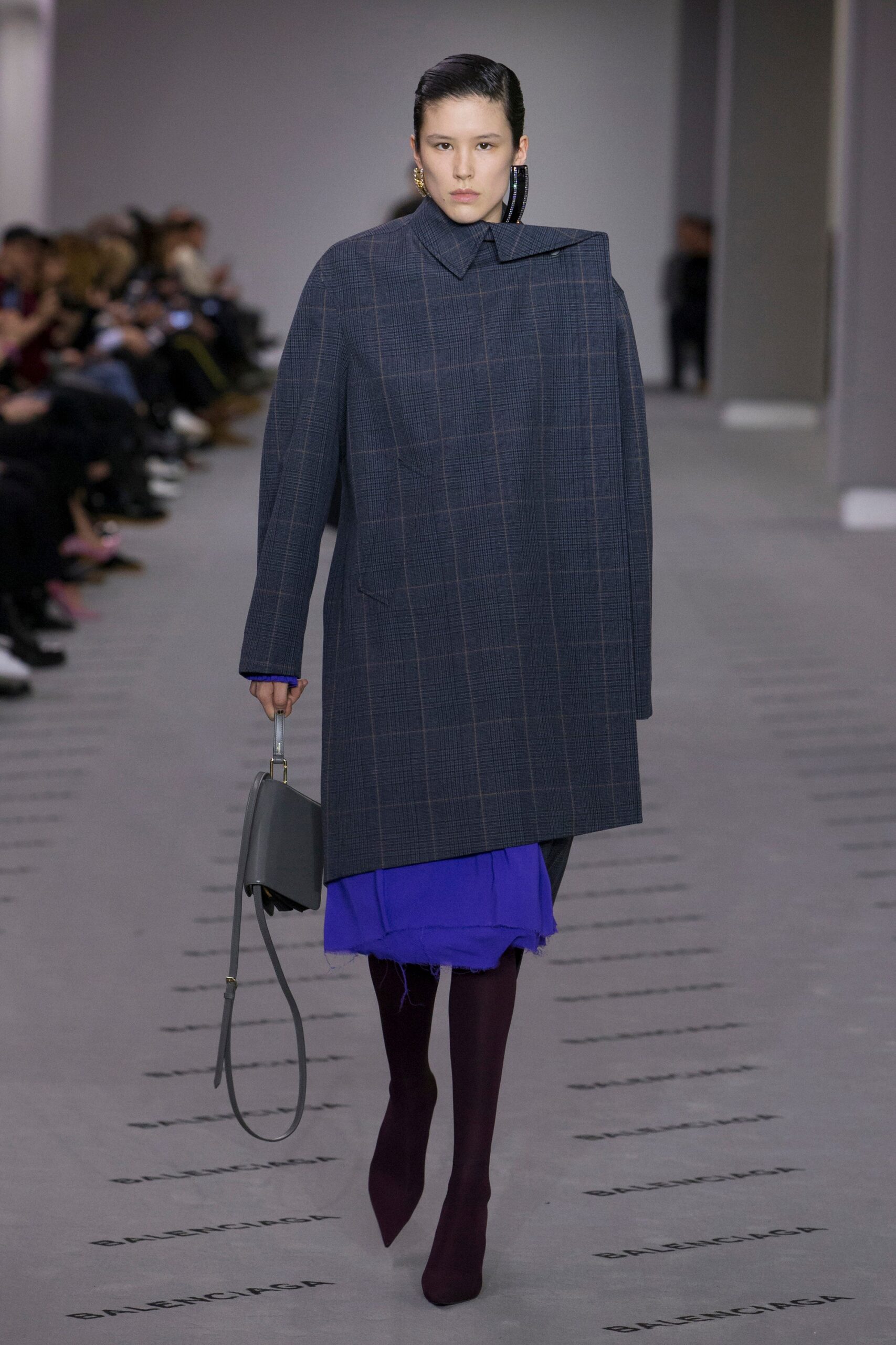 oversized gray coat with blue dress