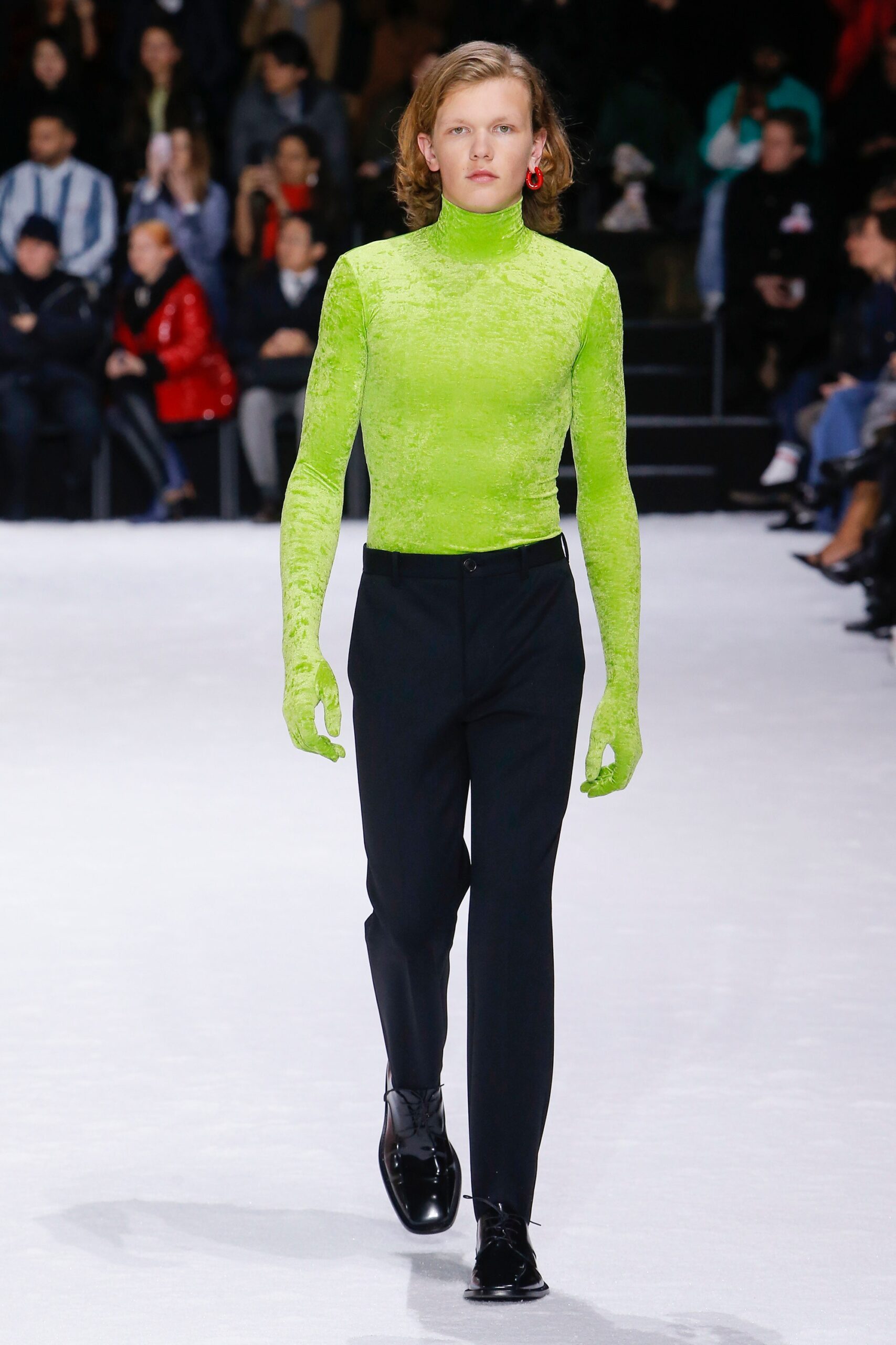 green silk long-sleeve high-neck fitted textured top