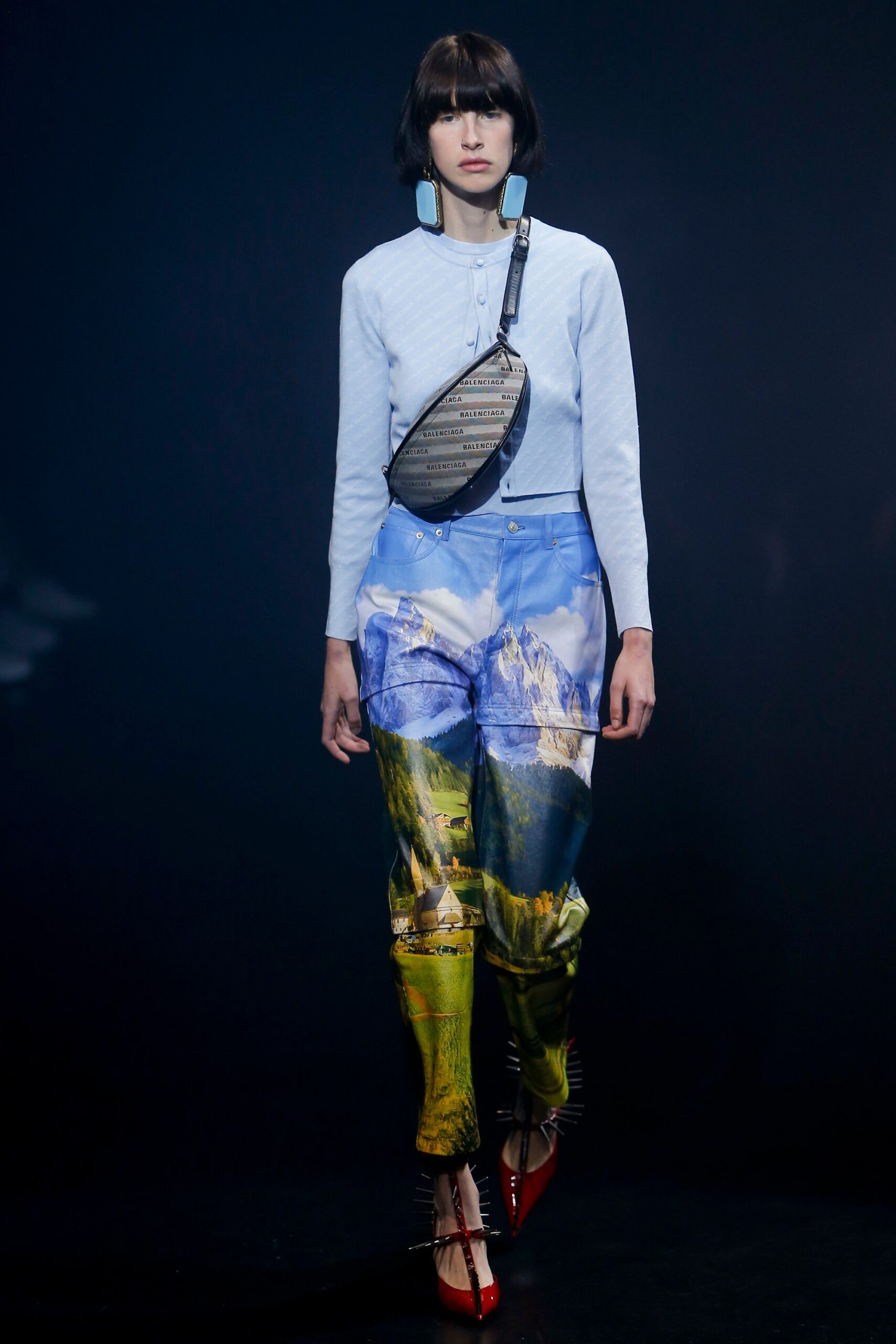 blue fitted shirt with printed pants