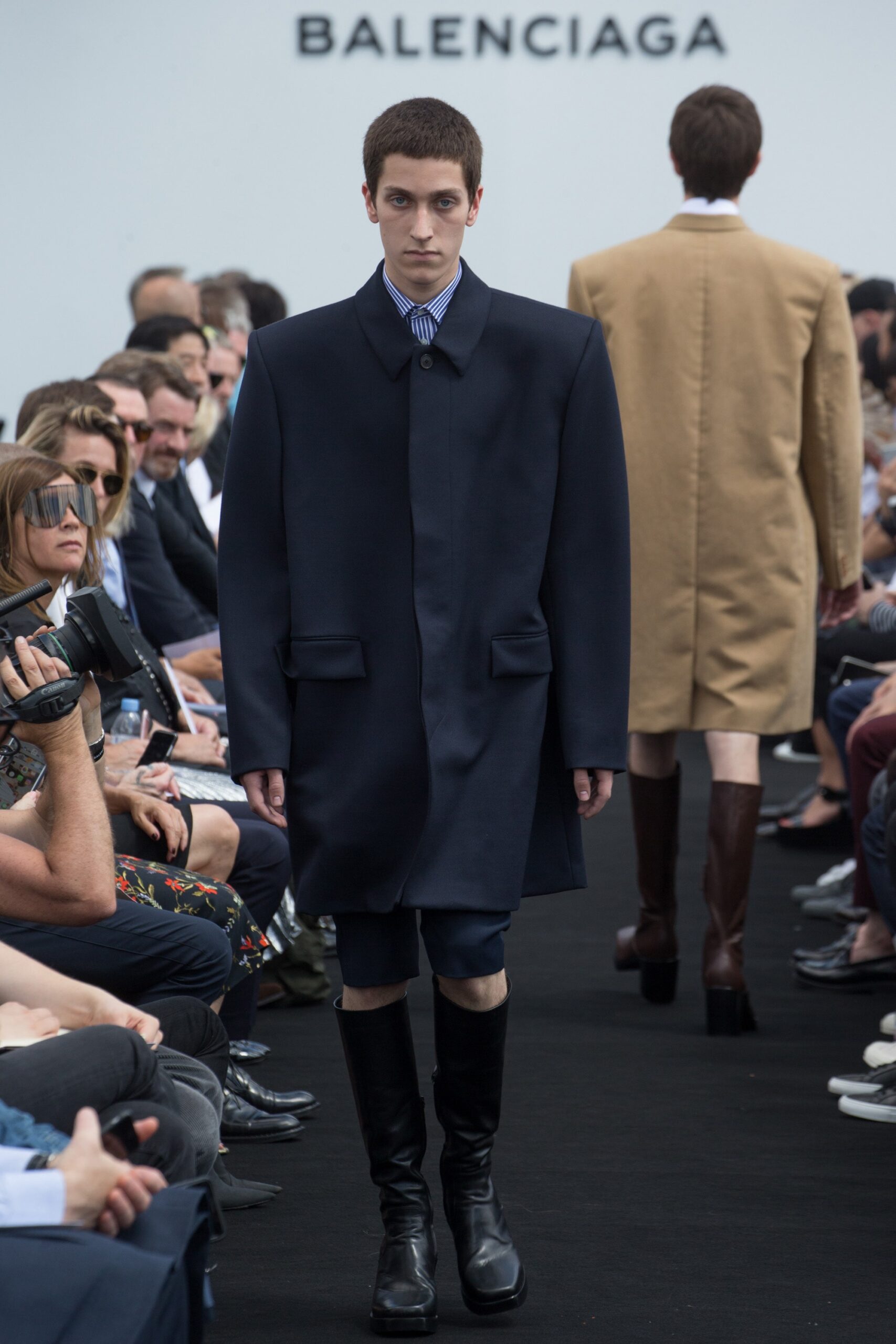 blue wool long-sleeve collared oversized straight-leg coat