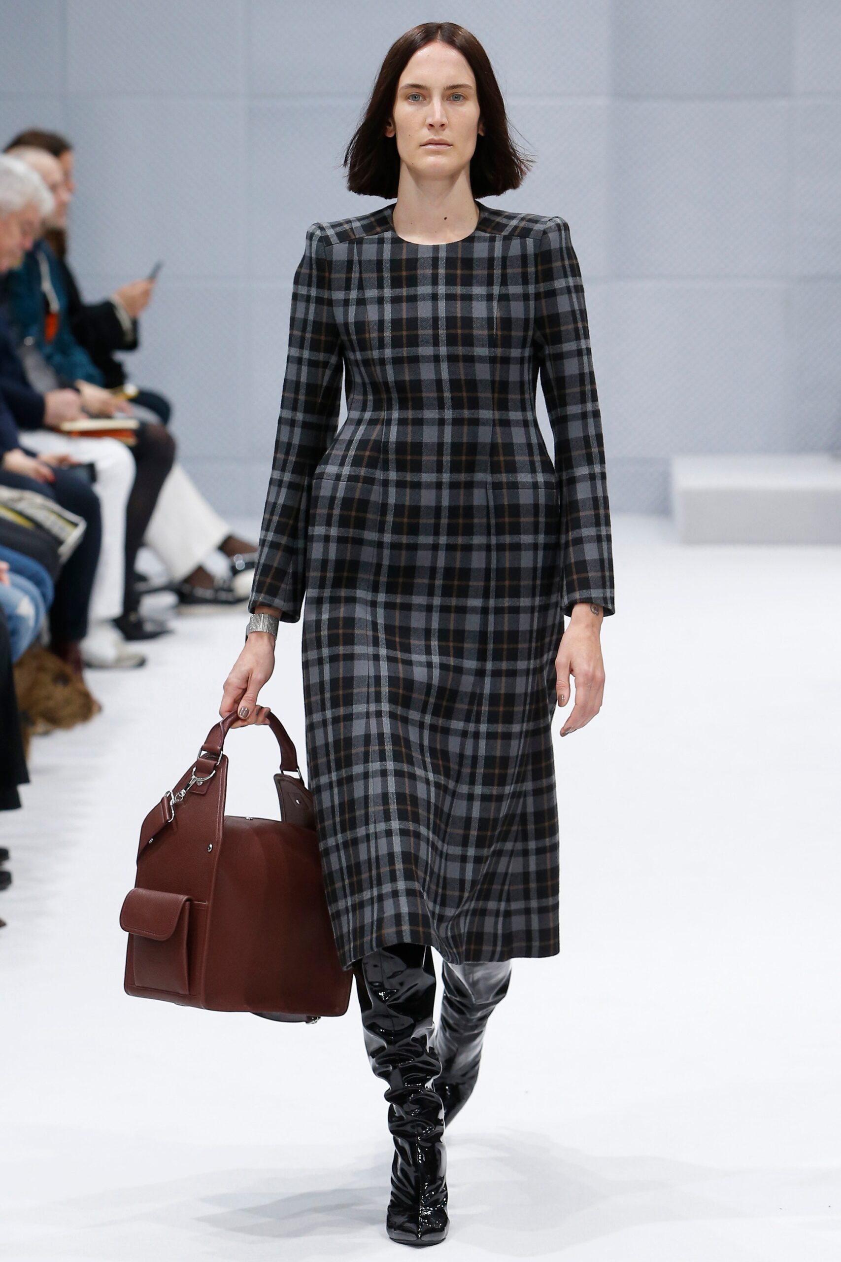 fitted checked midi dress with bag