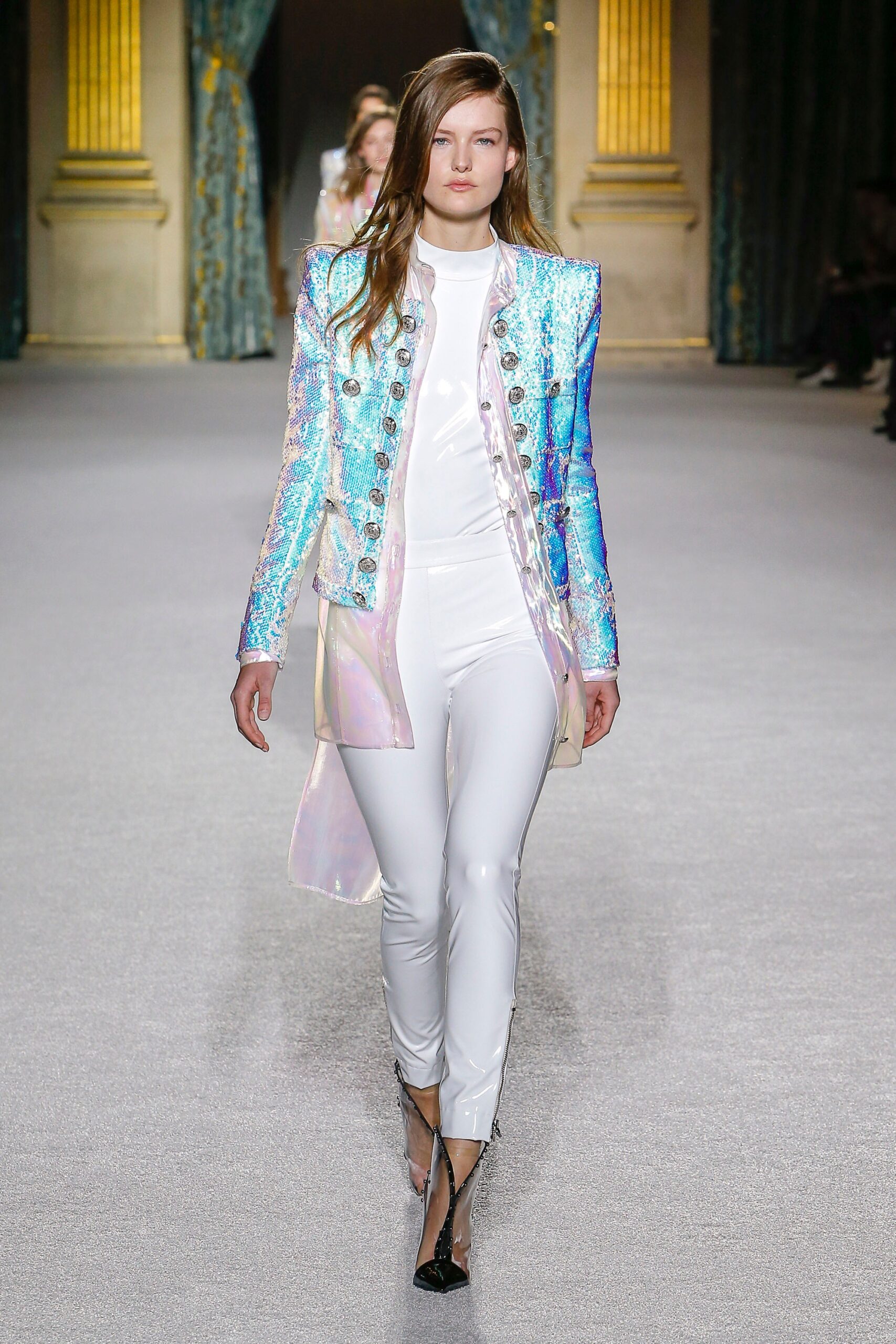 white multi-colored fitted jacket