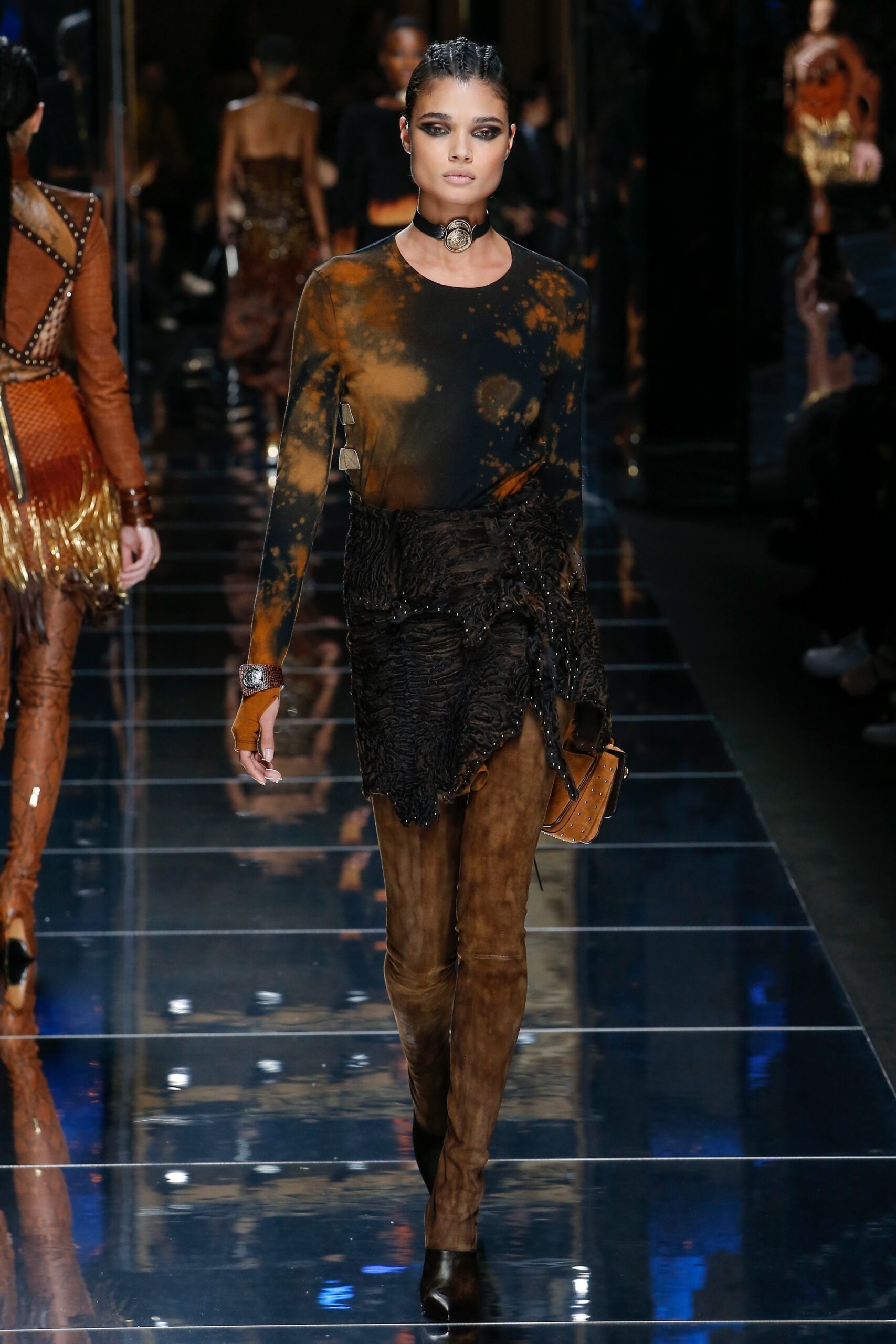 brown suede fitted straight-leg pants
