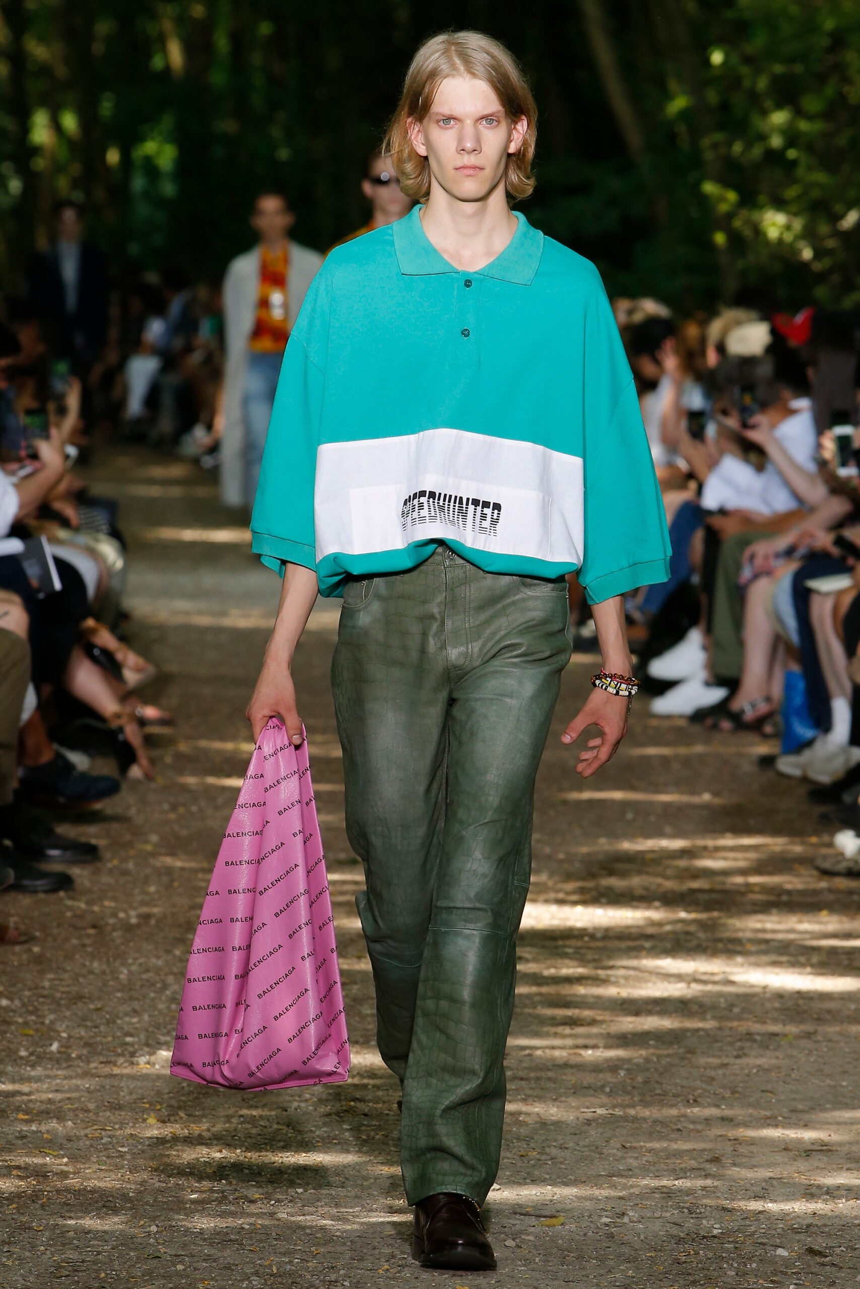 teal oversized shirt with green pants