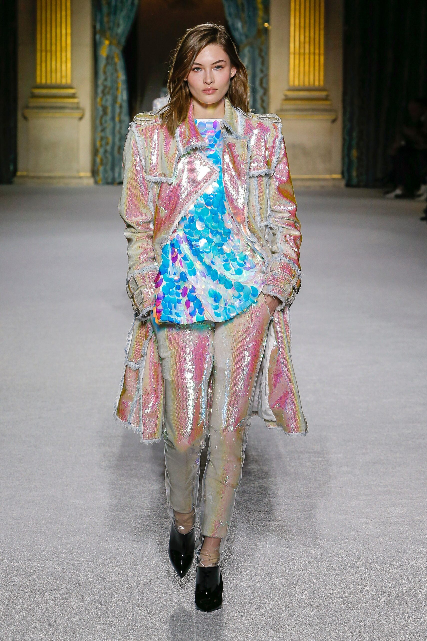 multi-colored vinyl coat with printed top