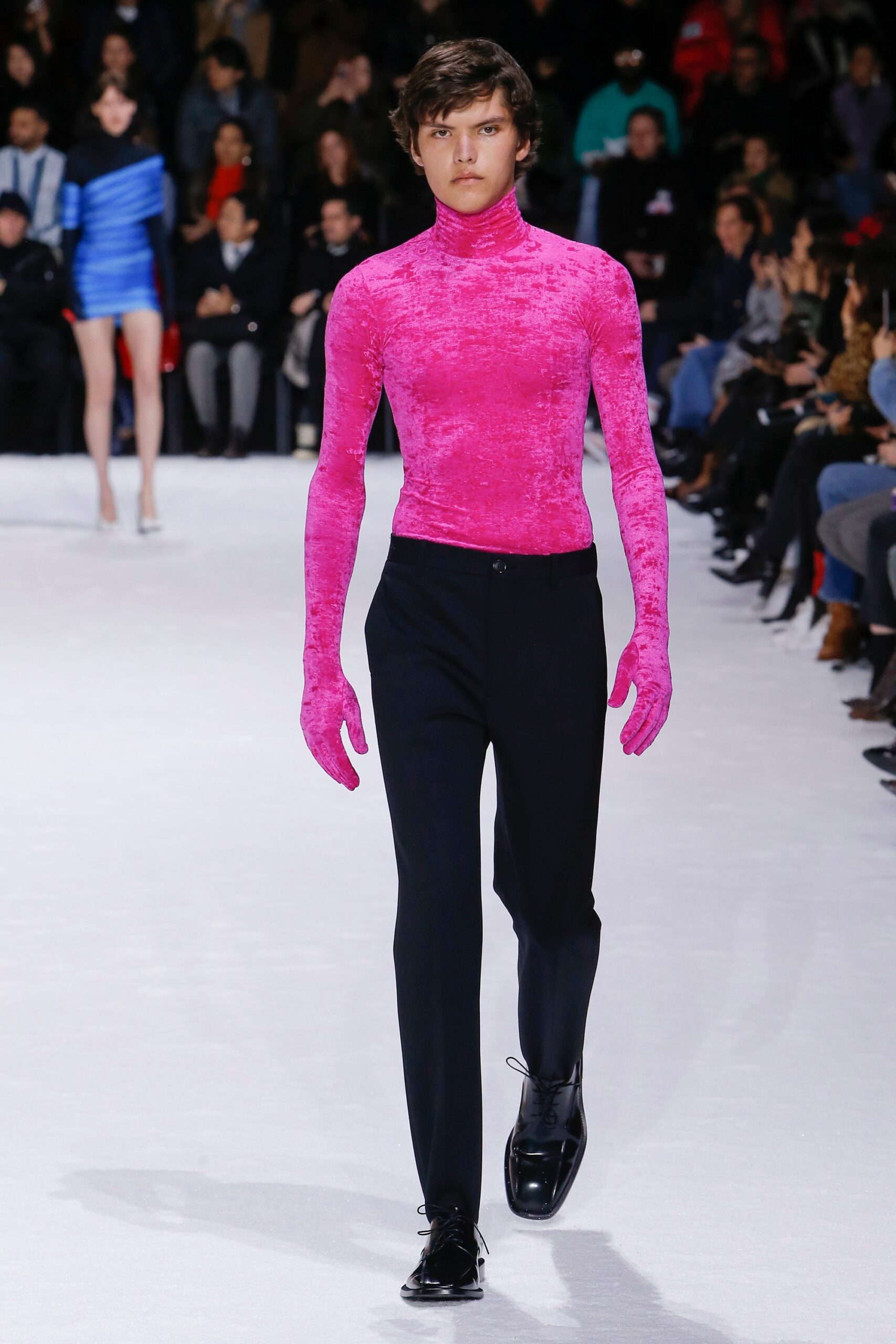 pink velvet long-sleeve high-neck fitted top