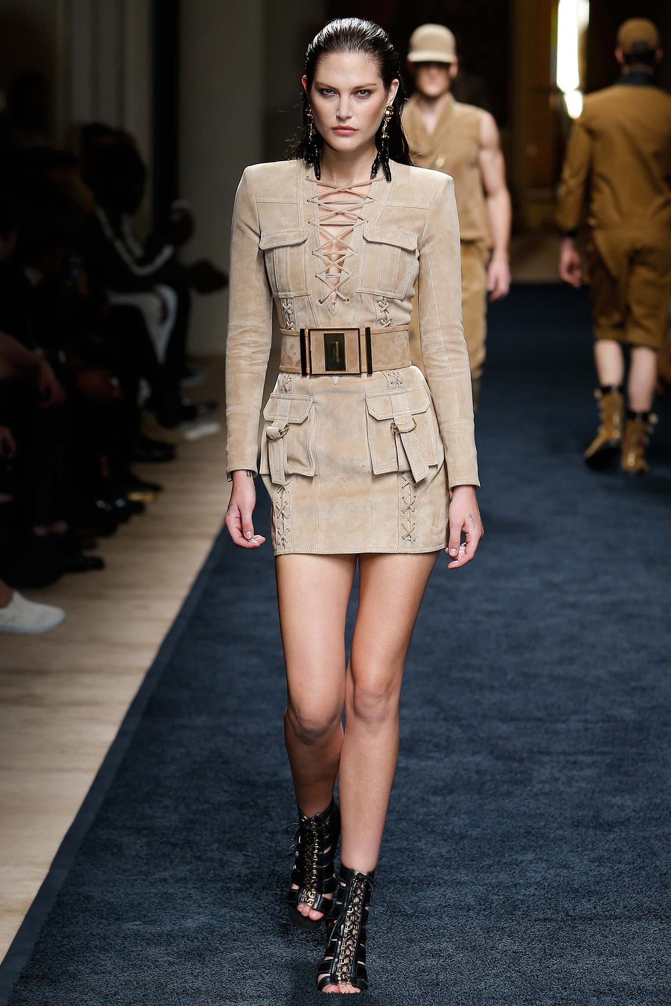 beige suede long-sleeve v-neck fitted zippered belted dress