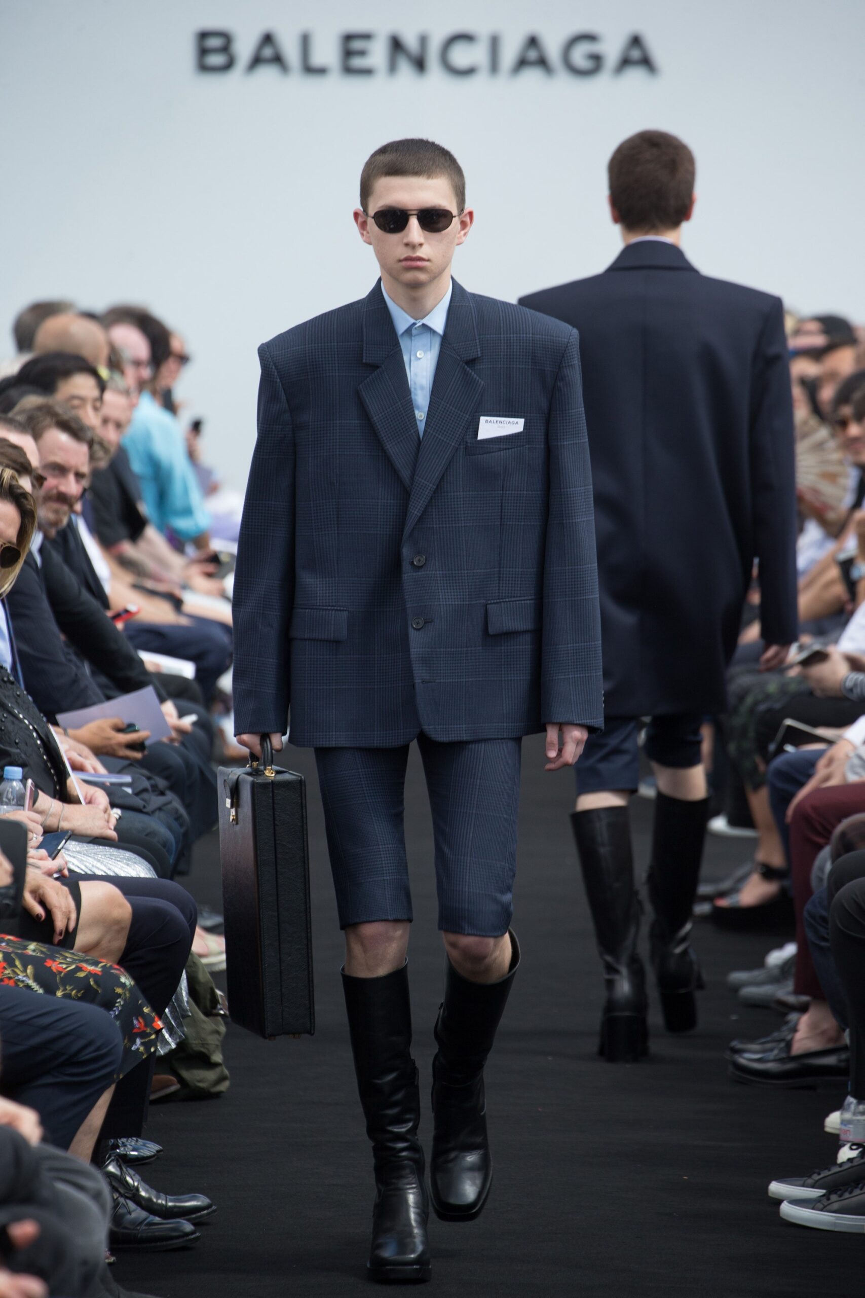blue cotton long-sleeve collared tailored checked suit