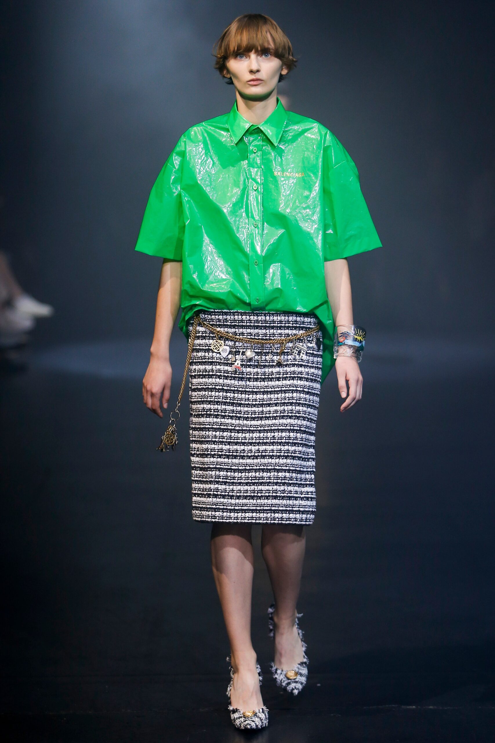 oversized green vinyl top with pencil skirt