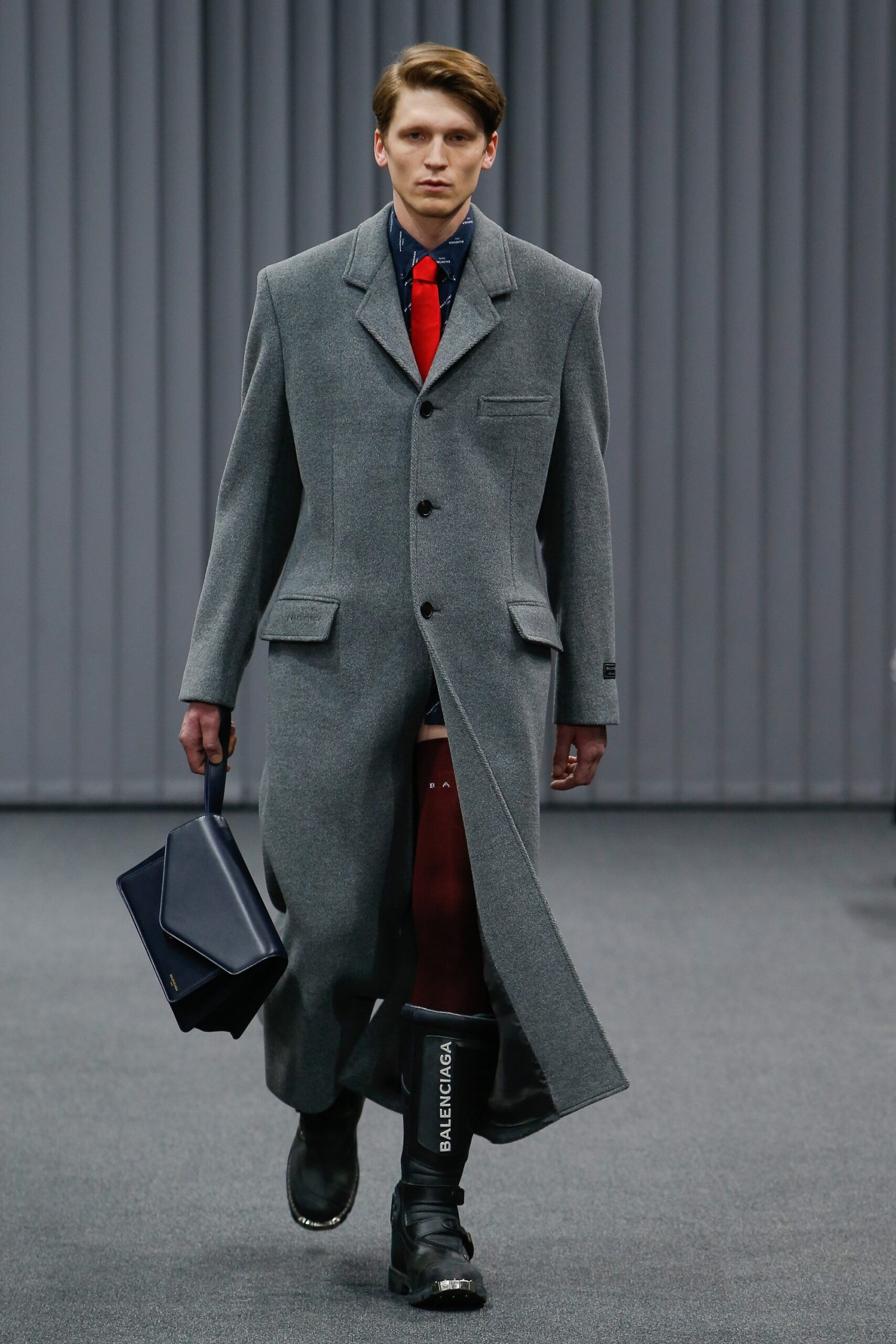 gray wool coat with blue shirt