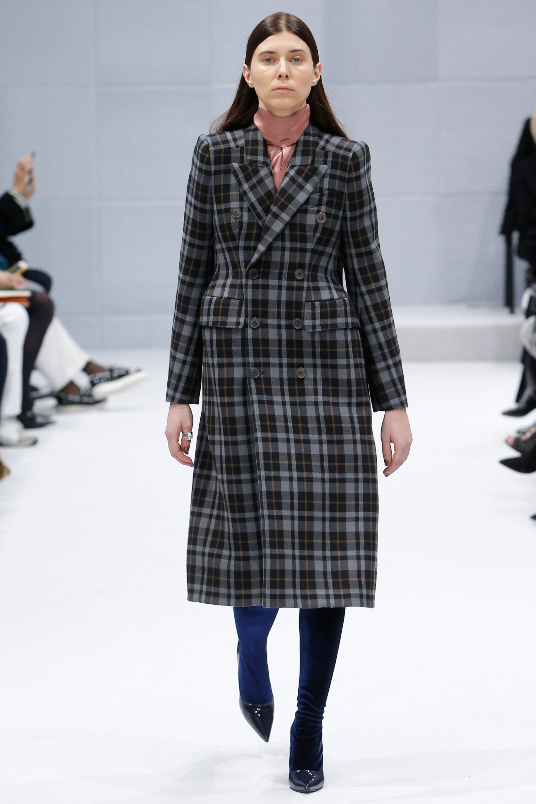 plaid wool coat with silk blouse