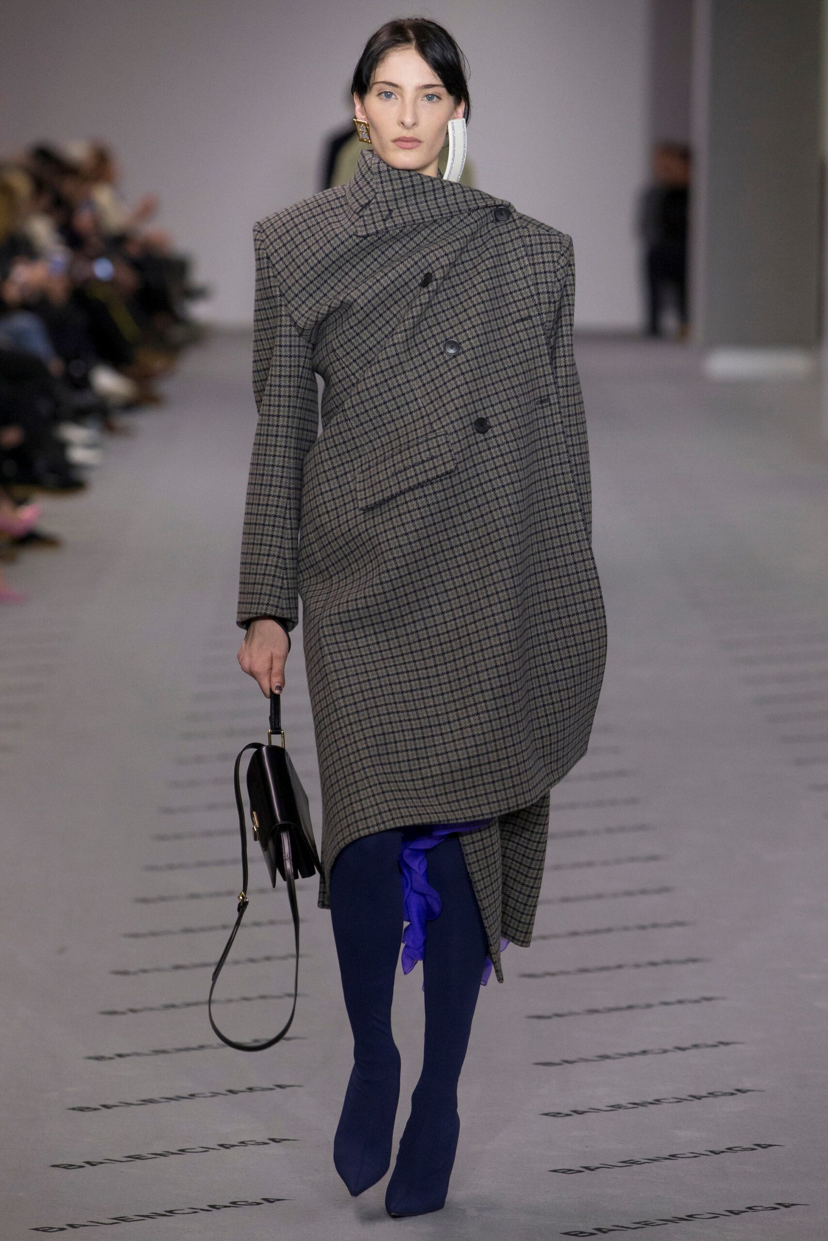 gray wool long-sleeve collared oversized checked draped coat