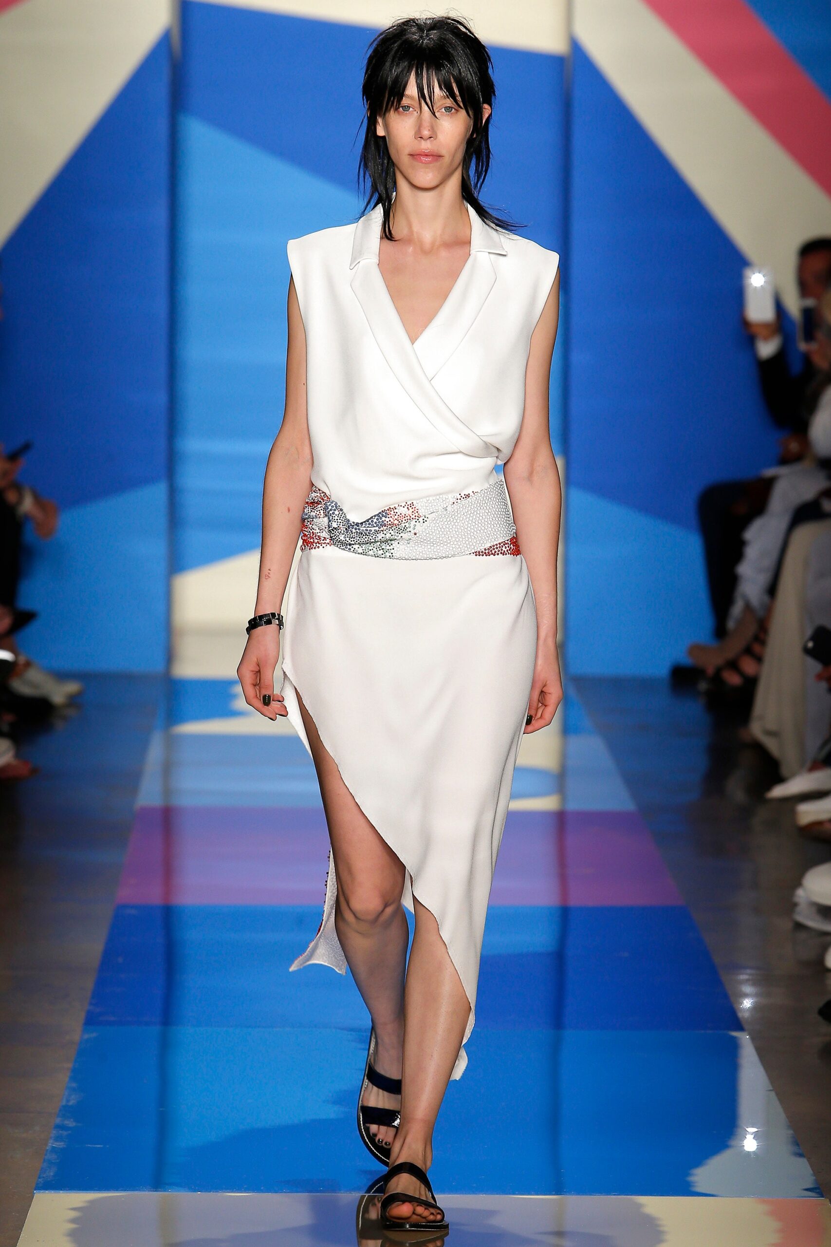 white silk sleeveless asymmetric dress