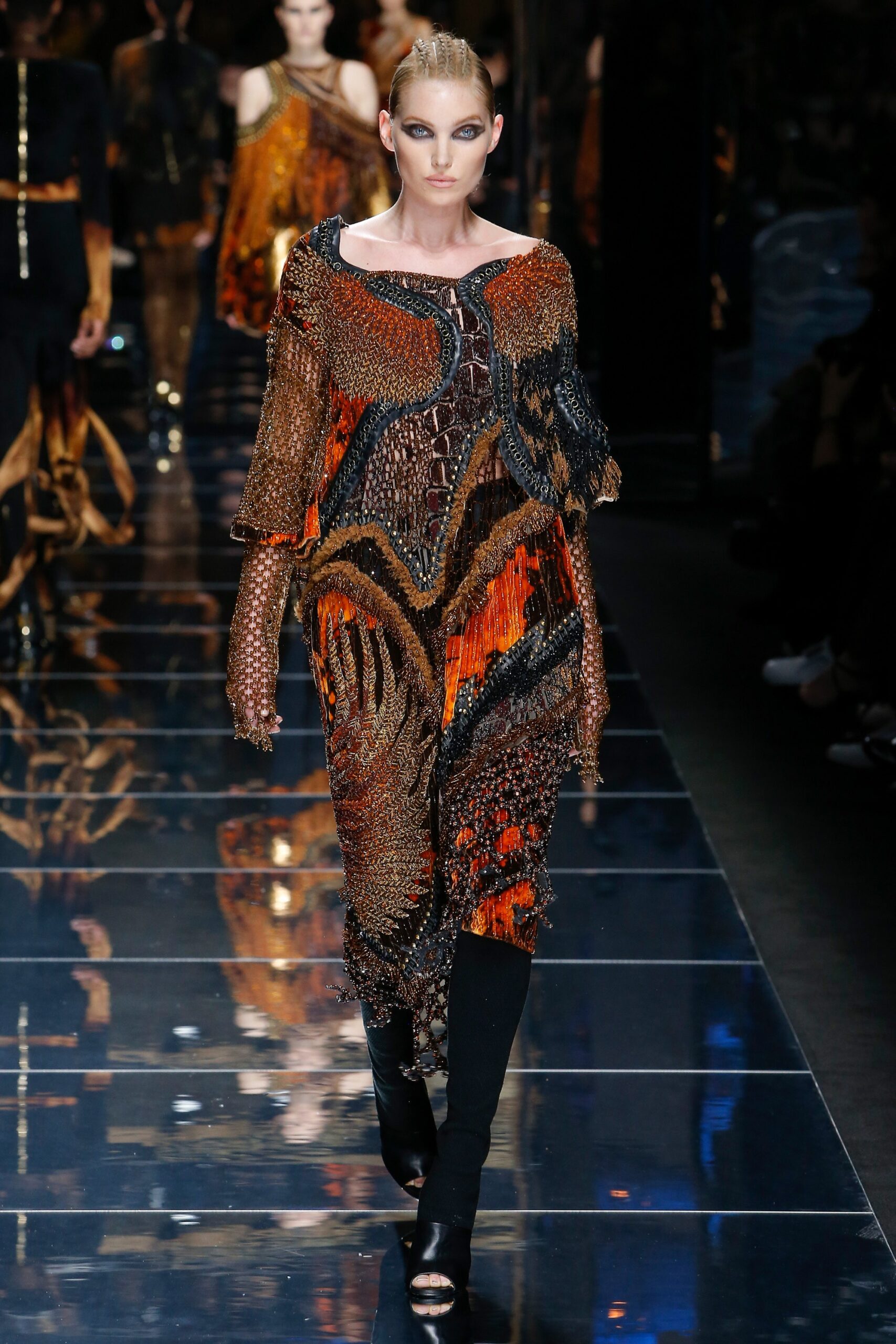 orange brown black metallic dress