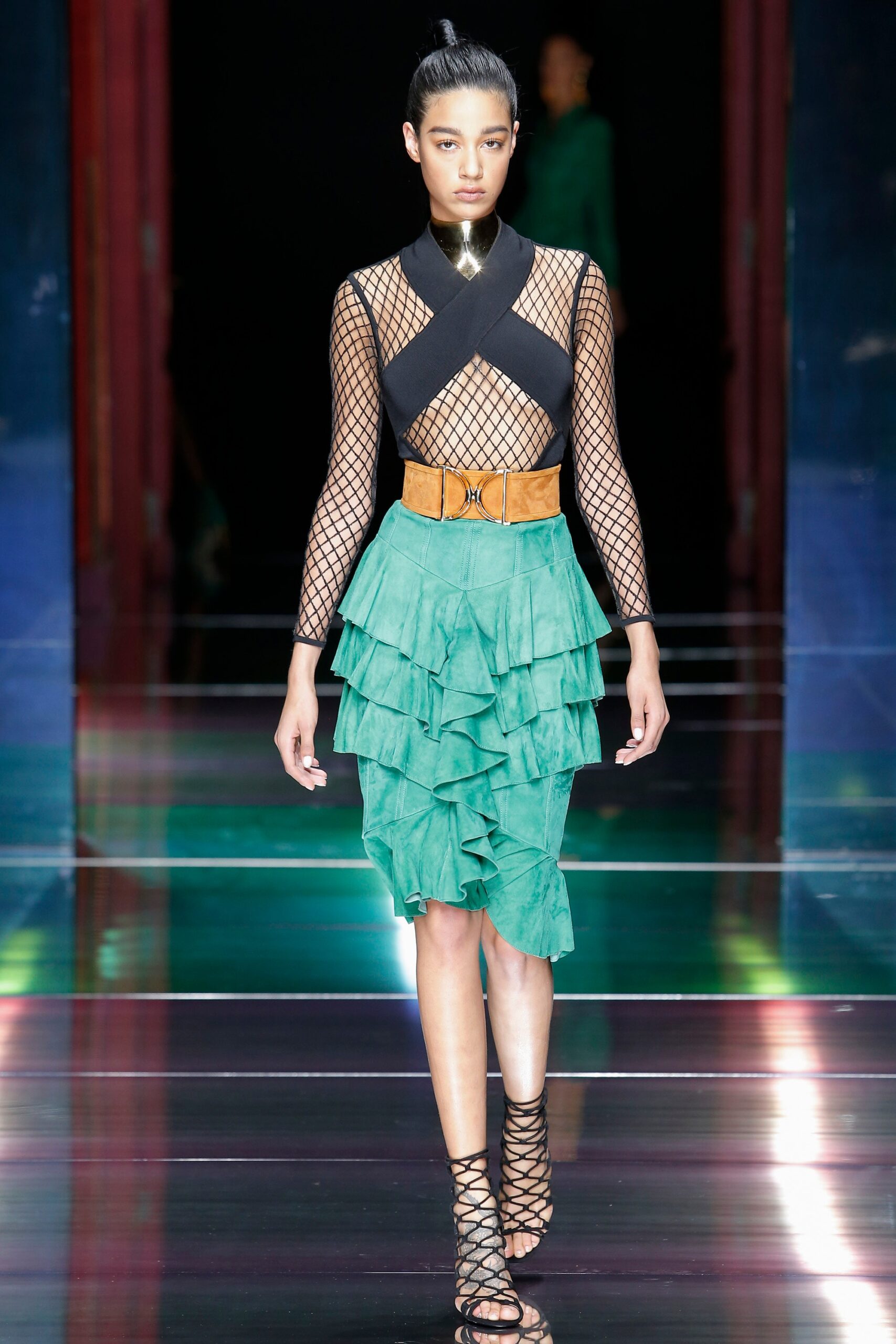 black mesh top green ruffled skirt