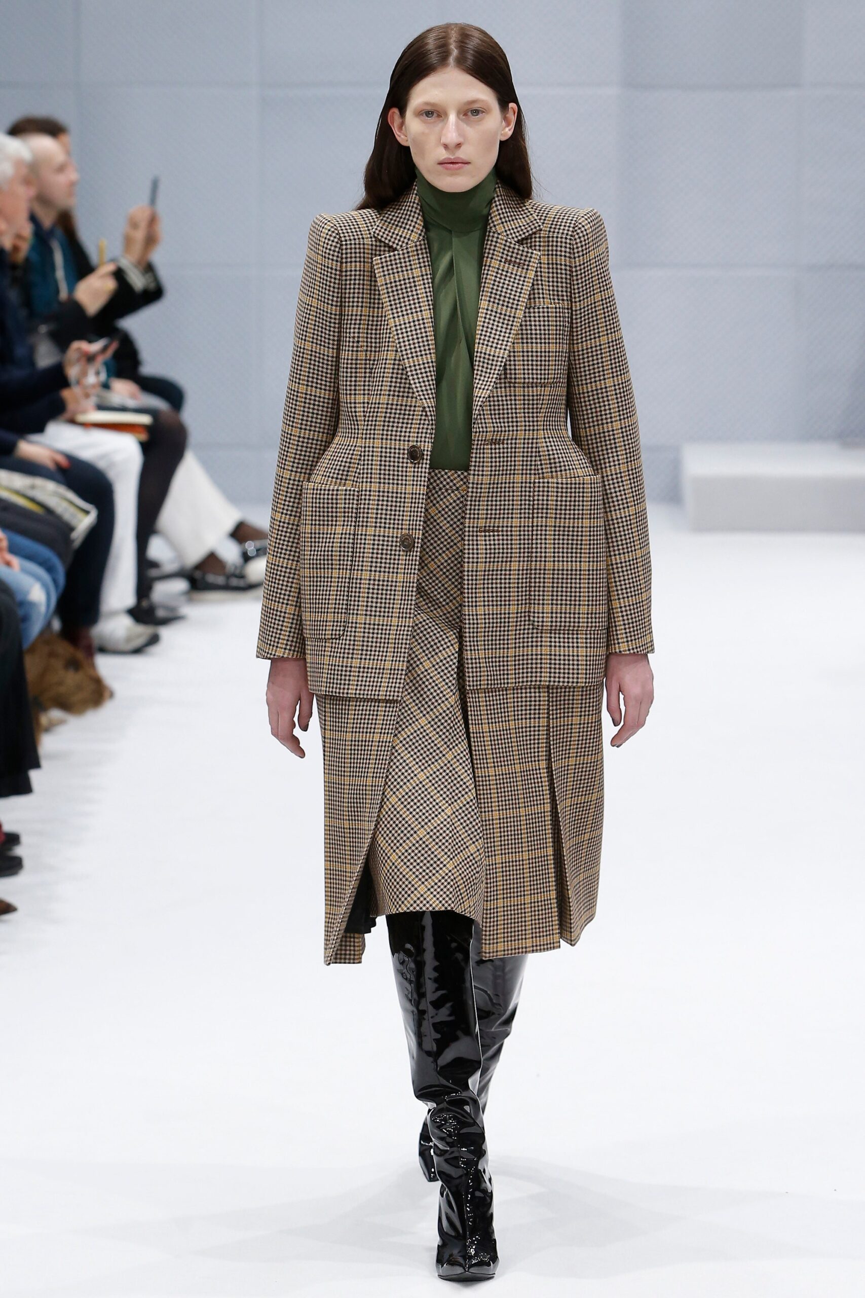 tailored brown checked blazer and skirt