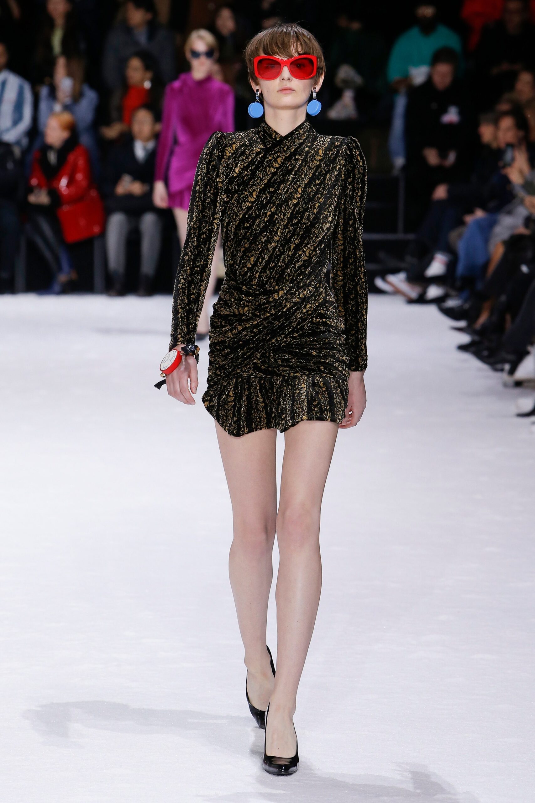 black and gold ruched mini dress
