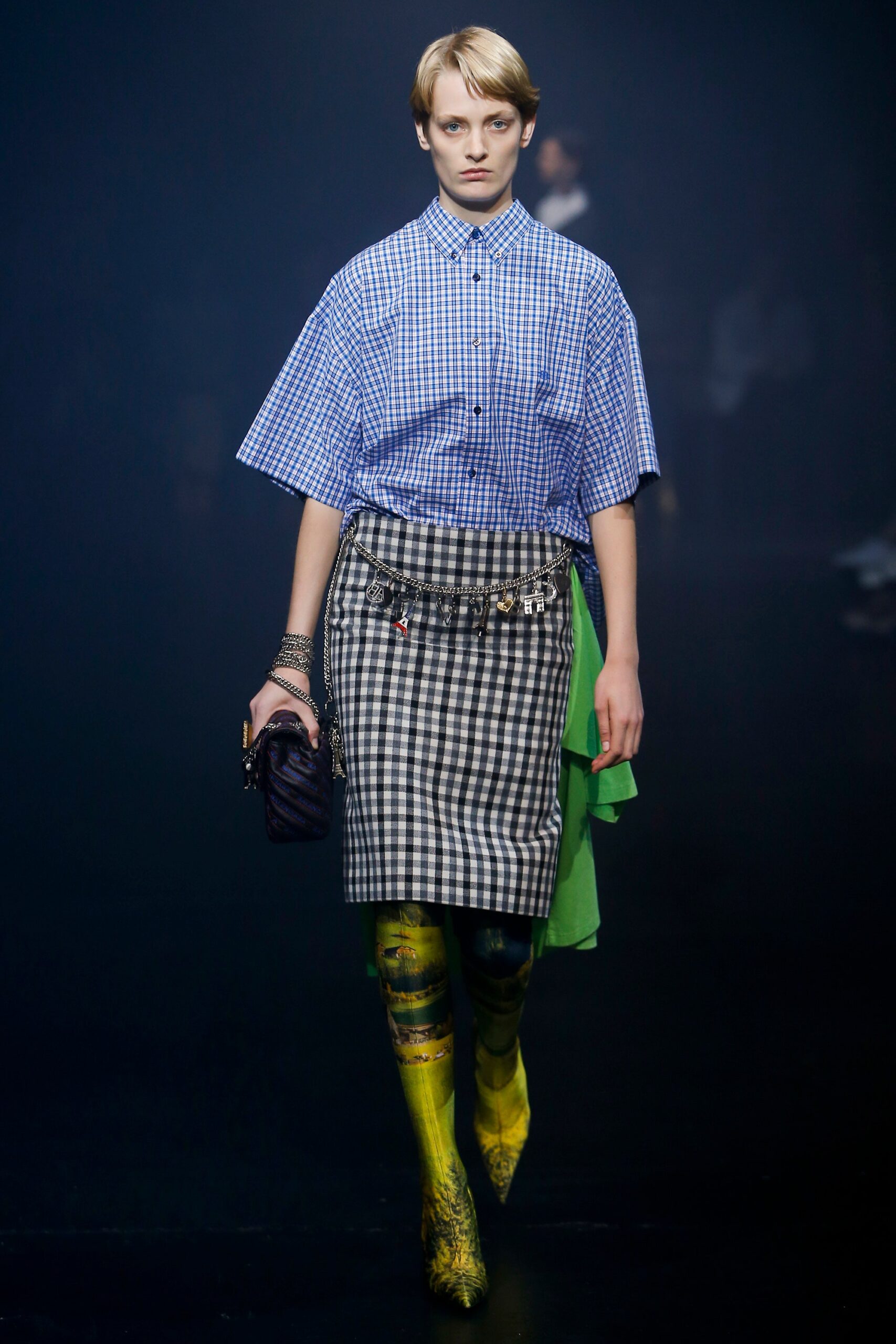 relaxed blue checked shirt with fitted pencil skirt