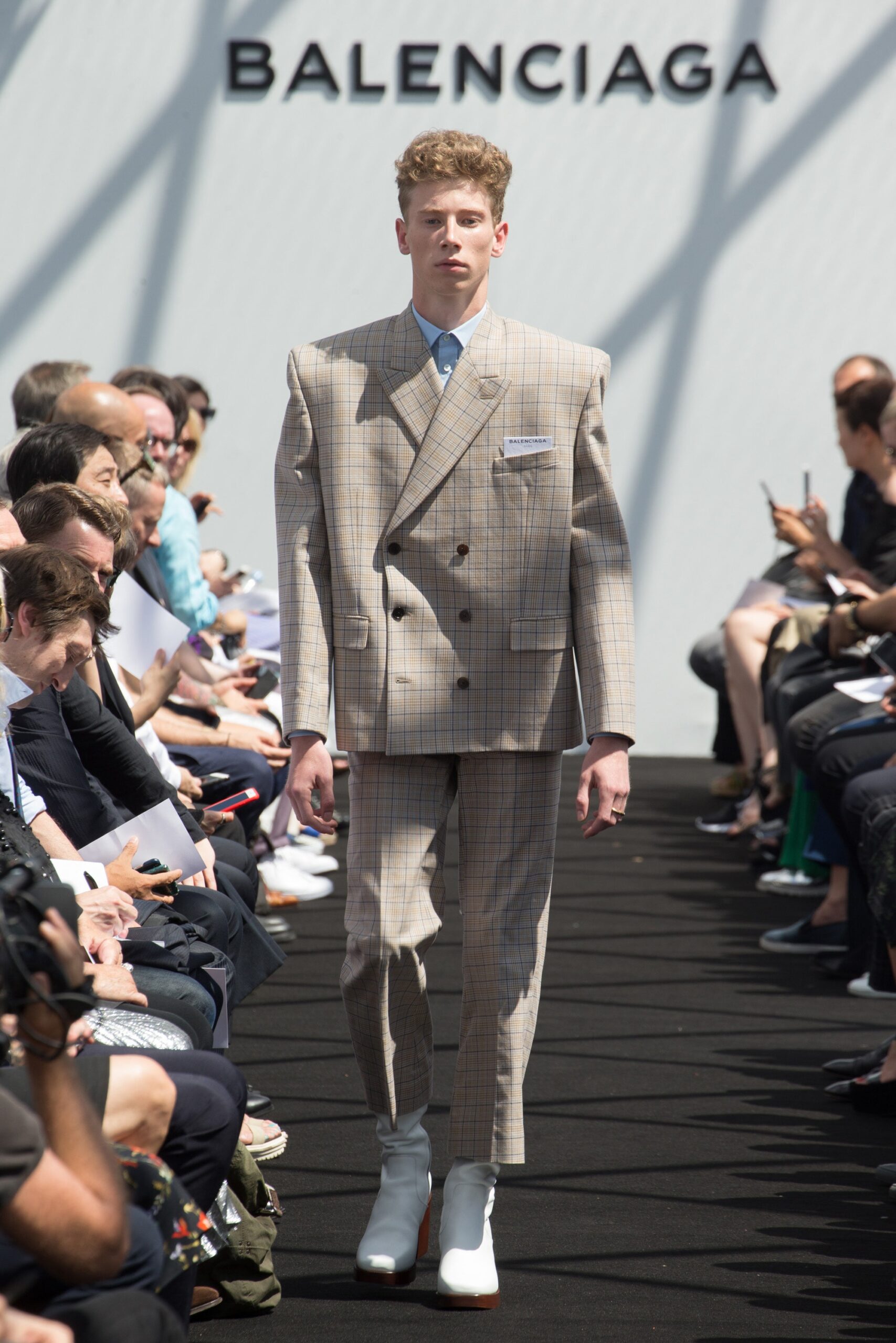 beige checked tailored suit
