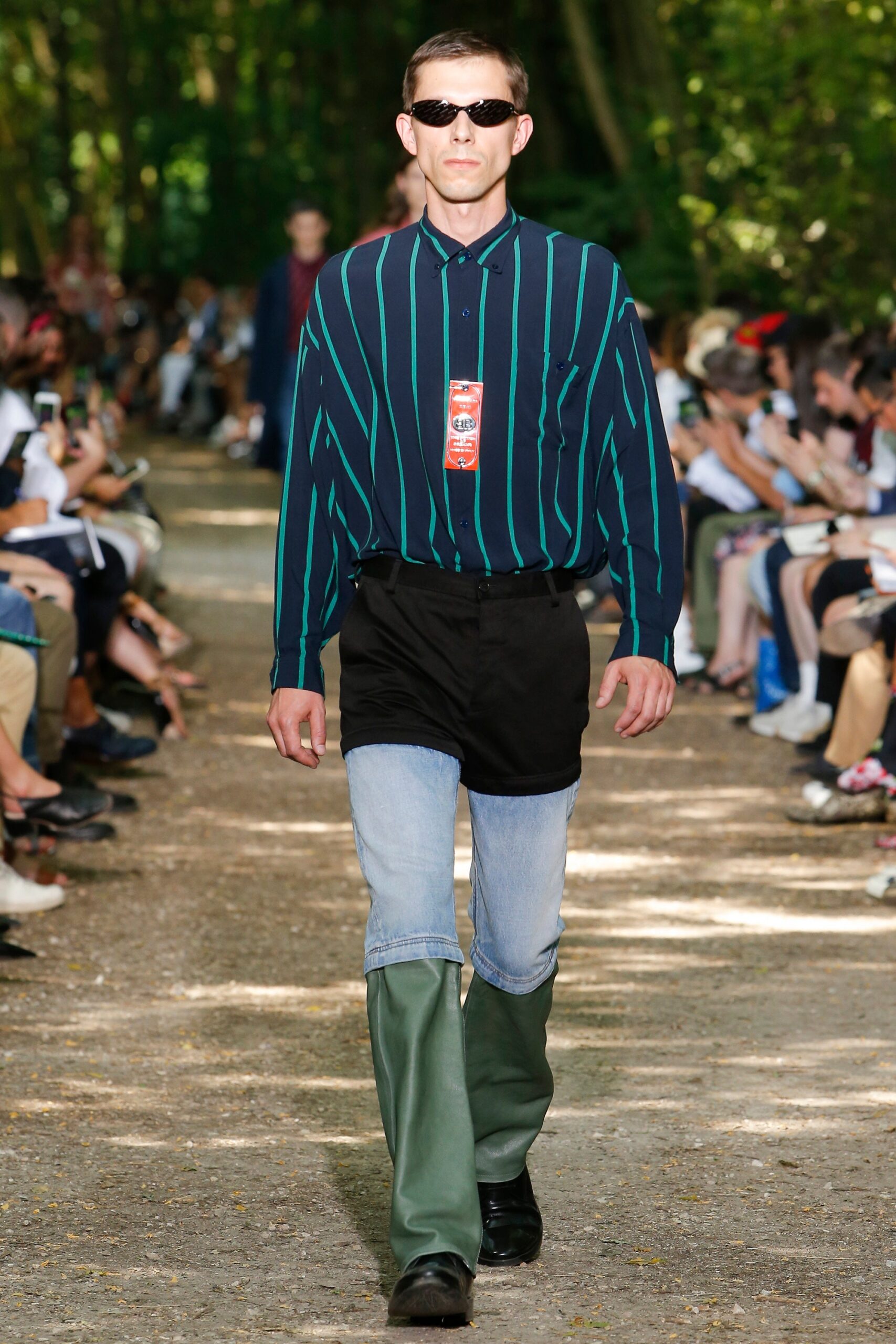blue green striped shirt with denim pants