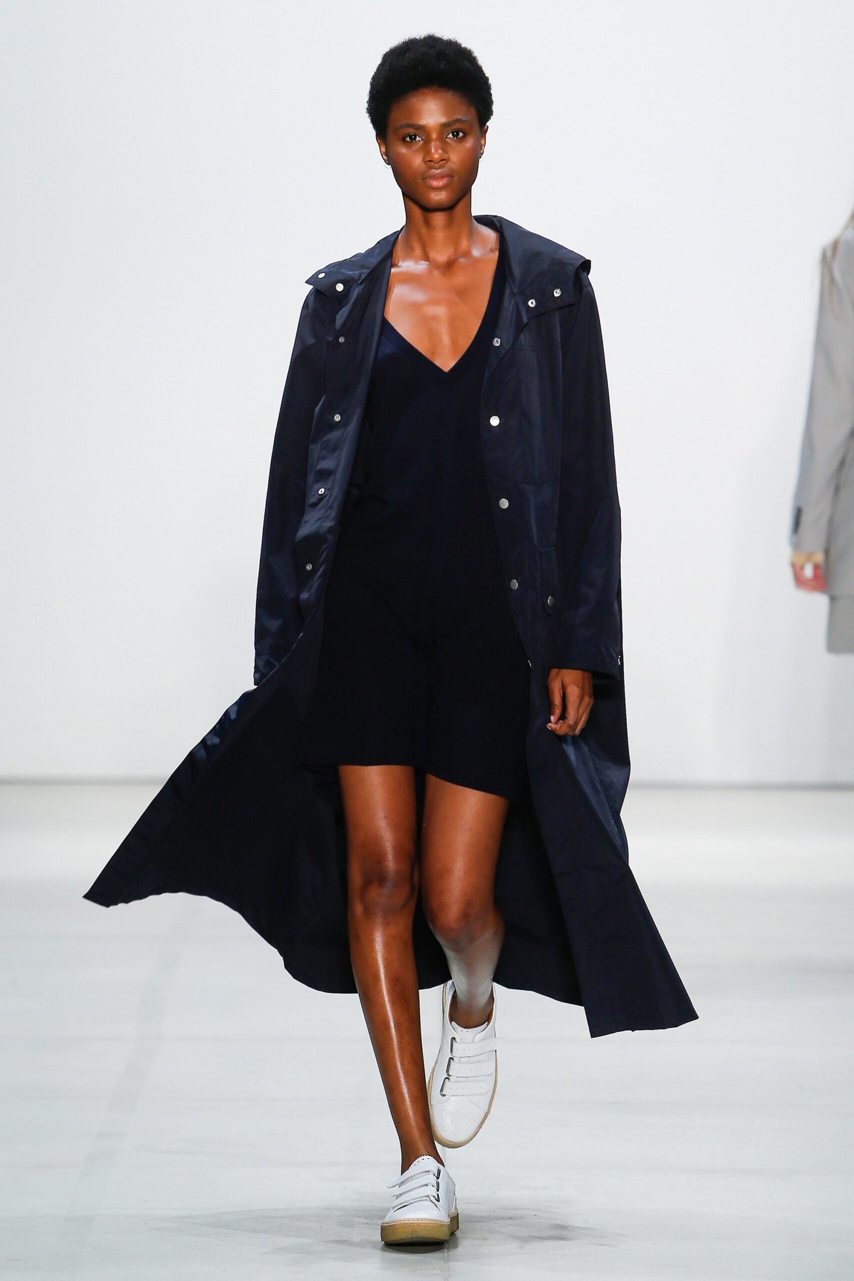 blue cotton maxi coat and black romper