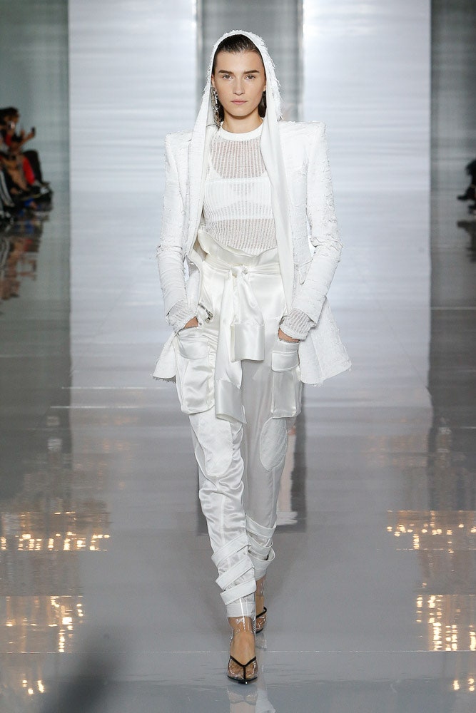 white silk long-sleeve hooded tailored buttoned blazer