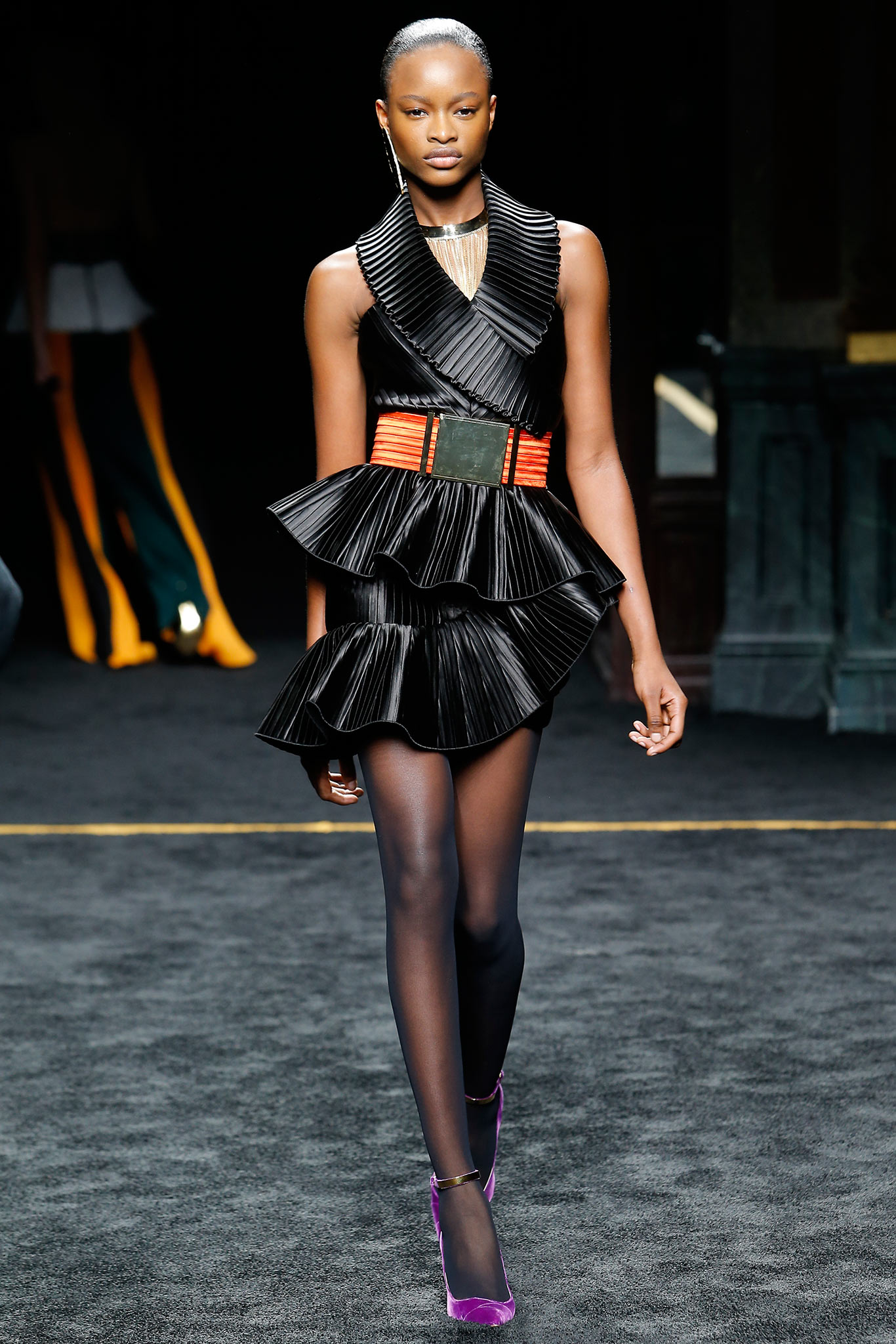black silk sleeveless v-neck fitted pleated tiered dress