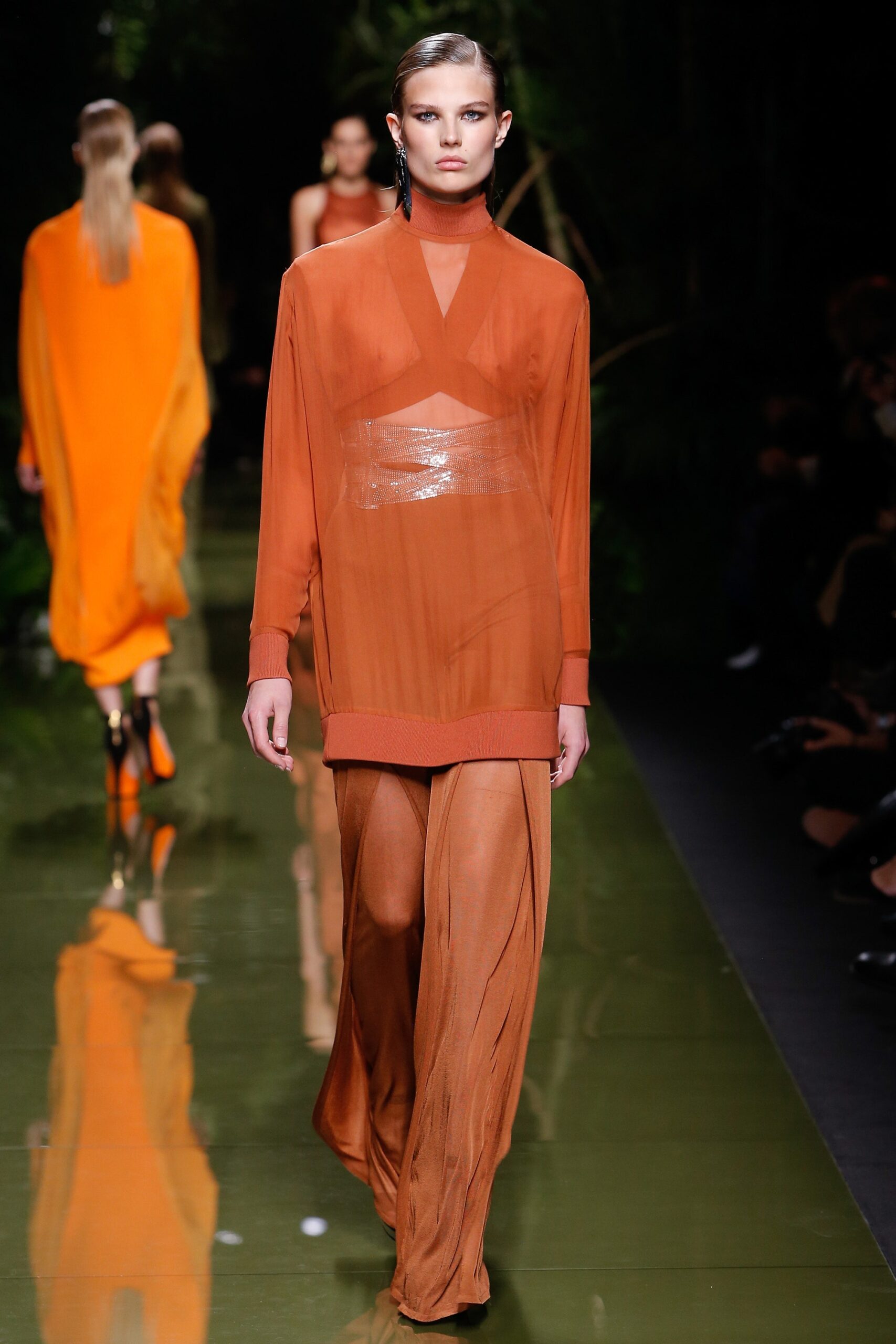 orange silk long-sleeve high-neck relaxed draped sheer top
