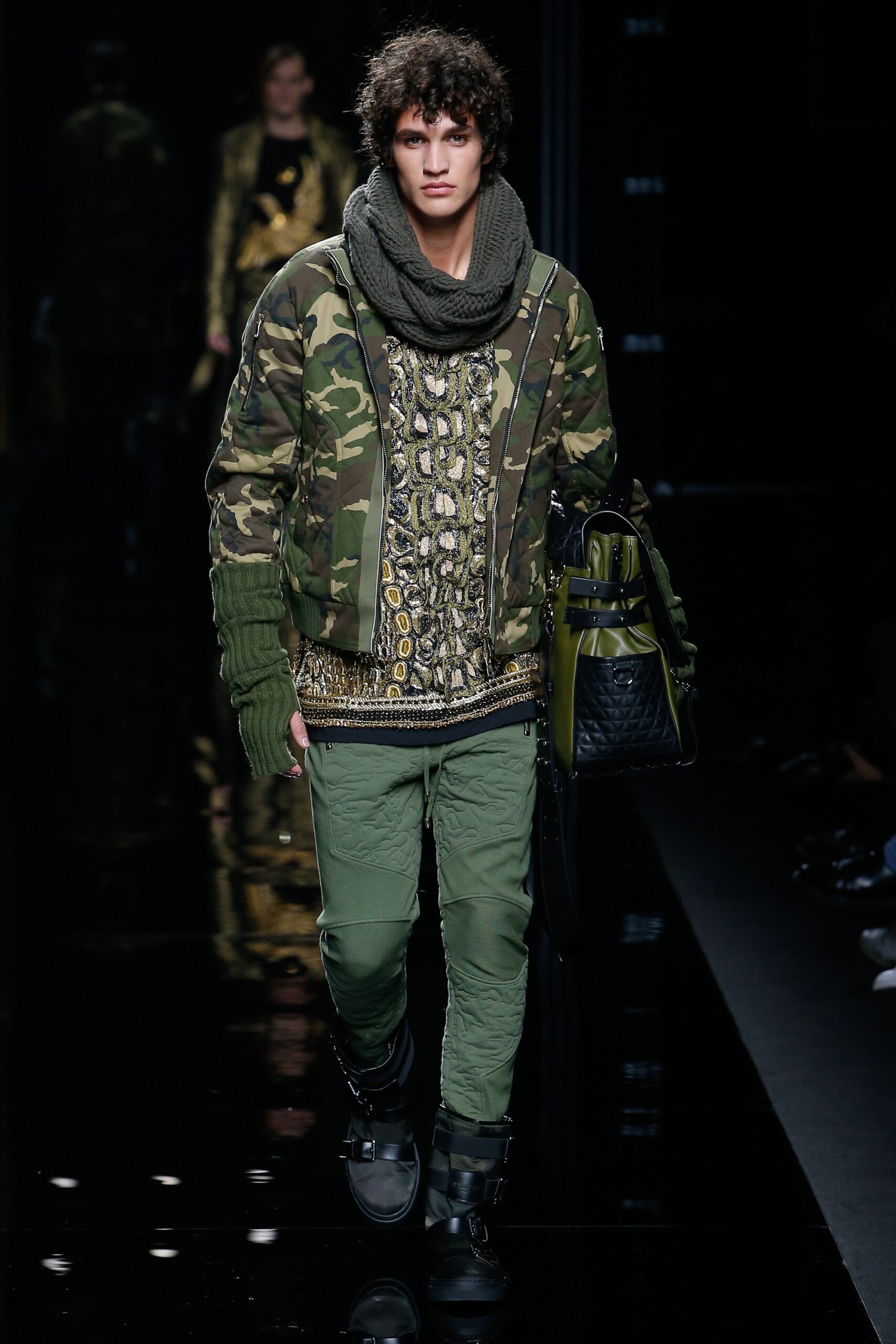 camouflage jacket with embroidered sweater
