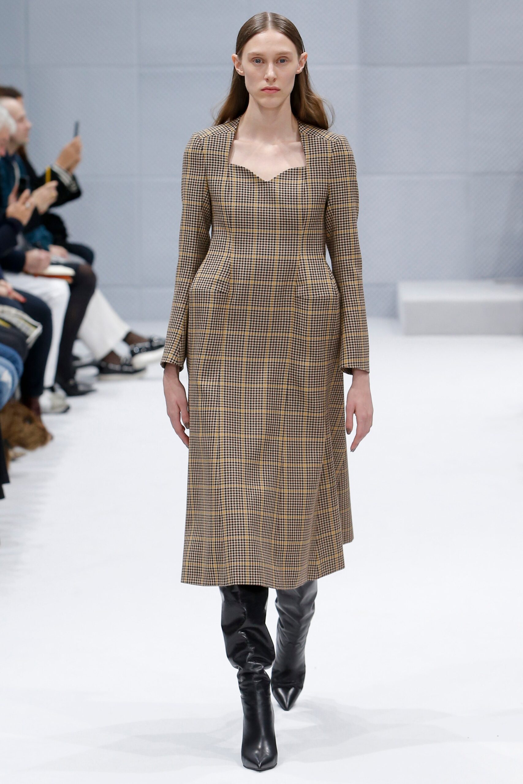 brown checked midi dress with black boots