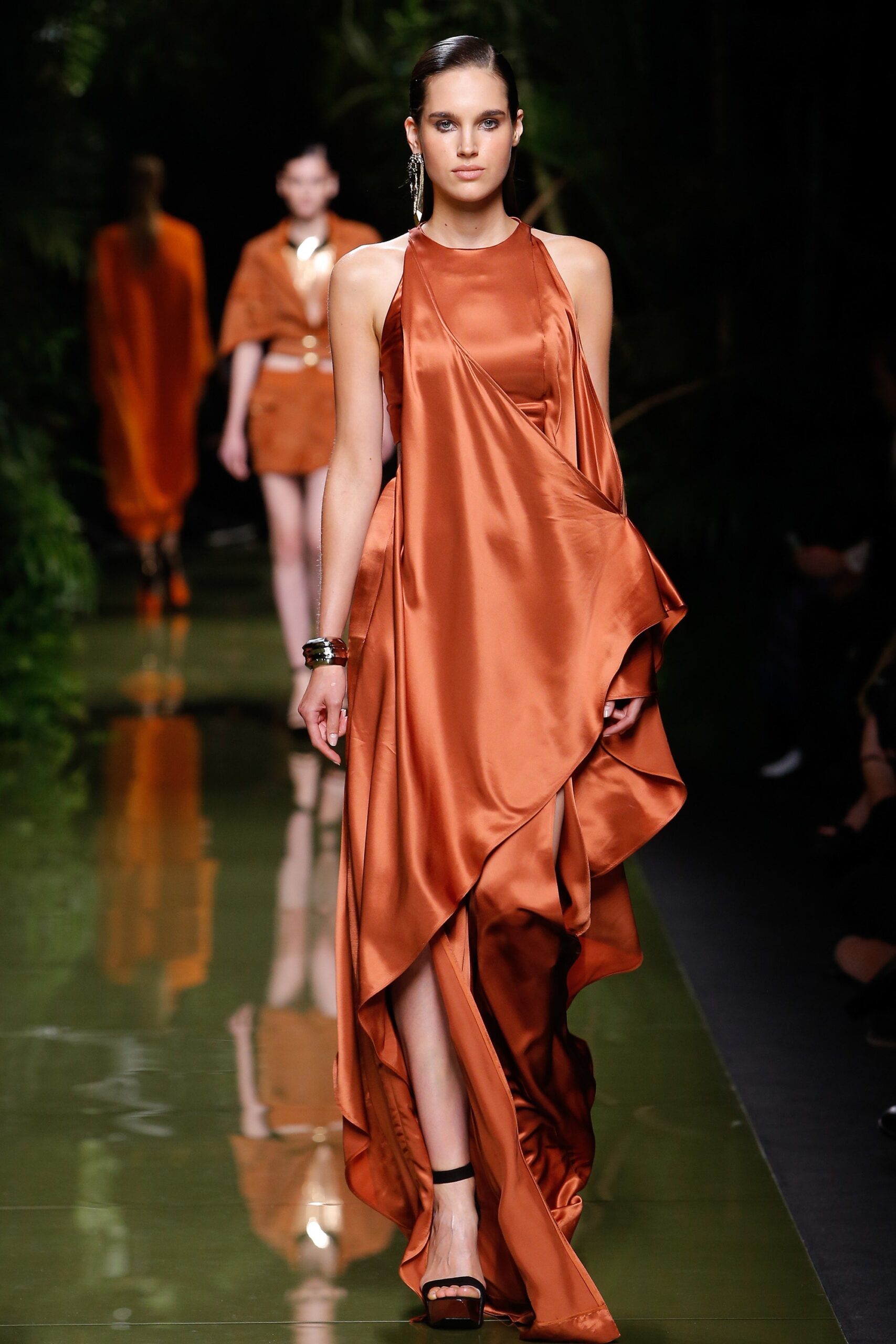 orange silk sleeveless gown