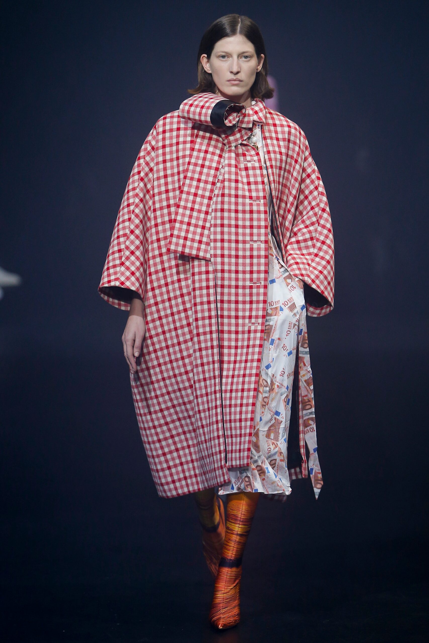 red and white checked coat with printed dress