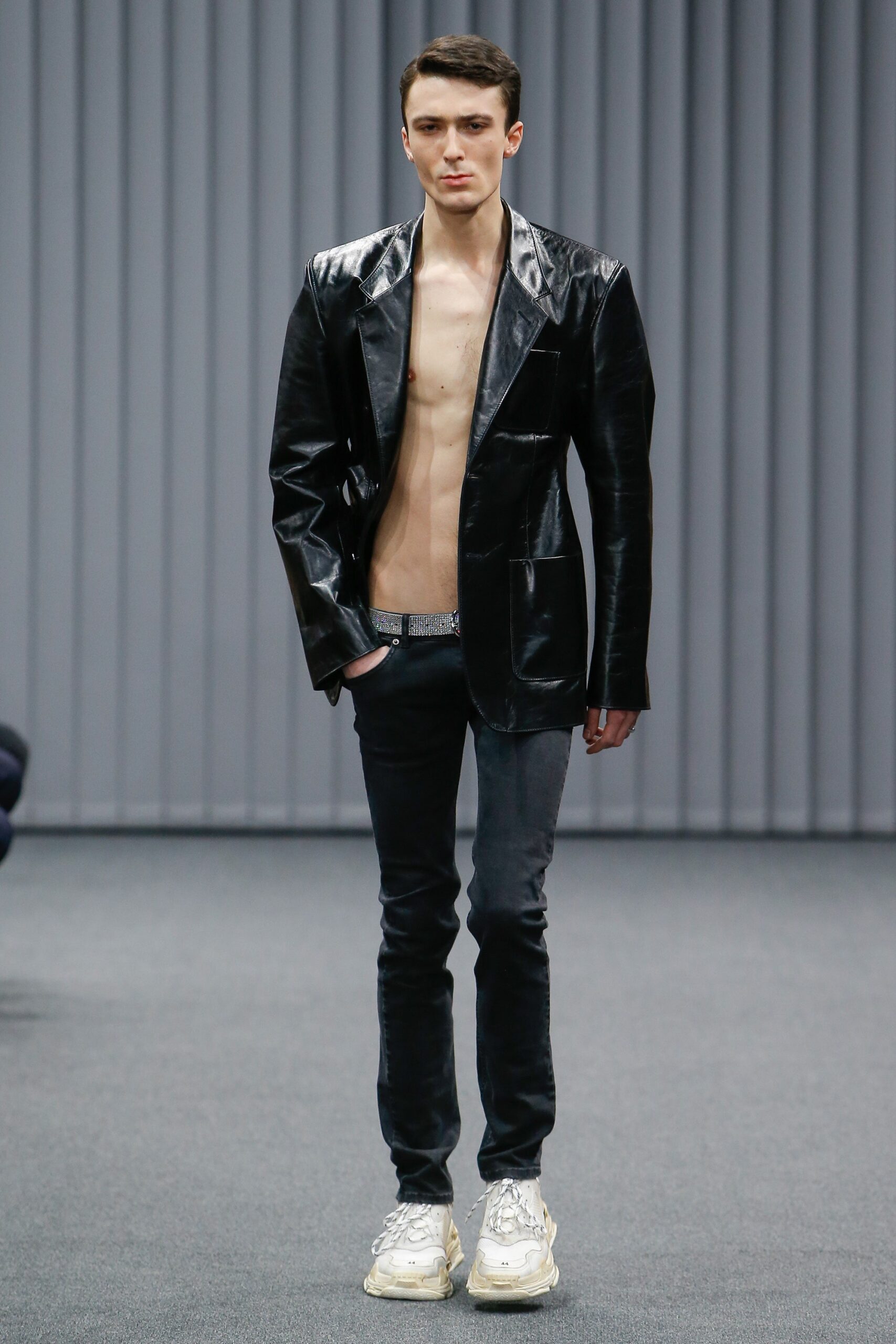 fitted black leather jacket with slim pants