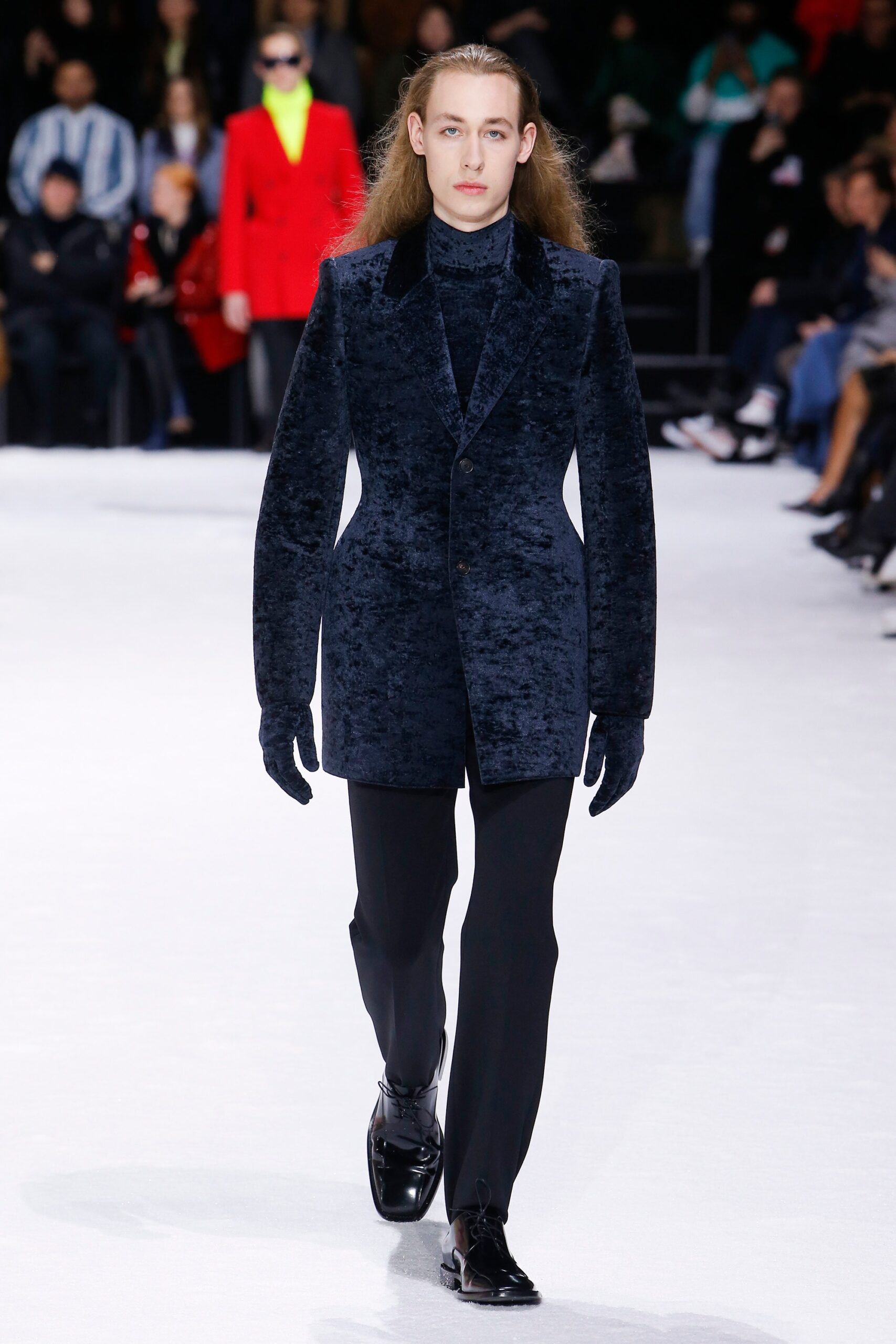 blue velvet long-sleeve collared tailored structured blazer