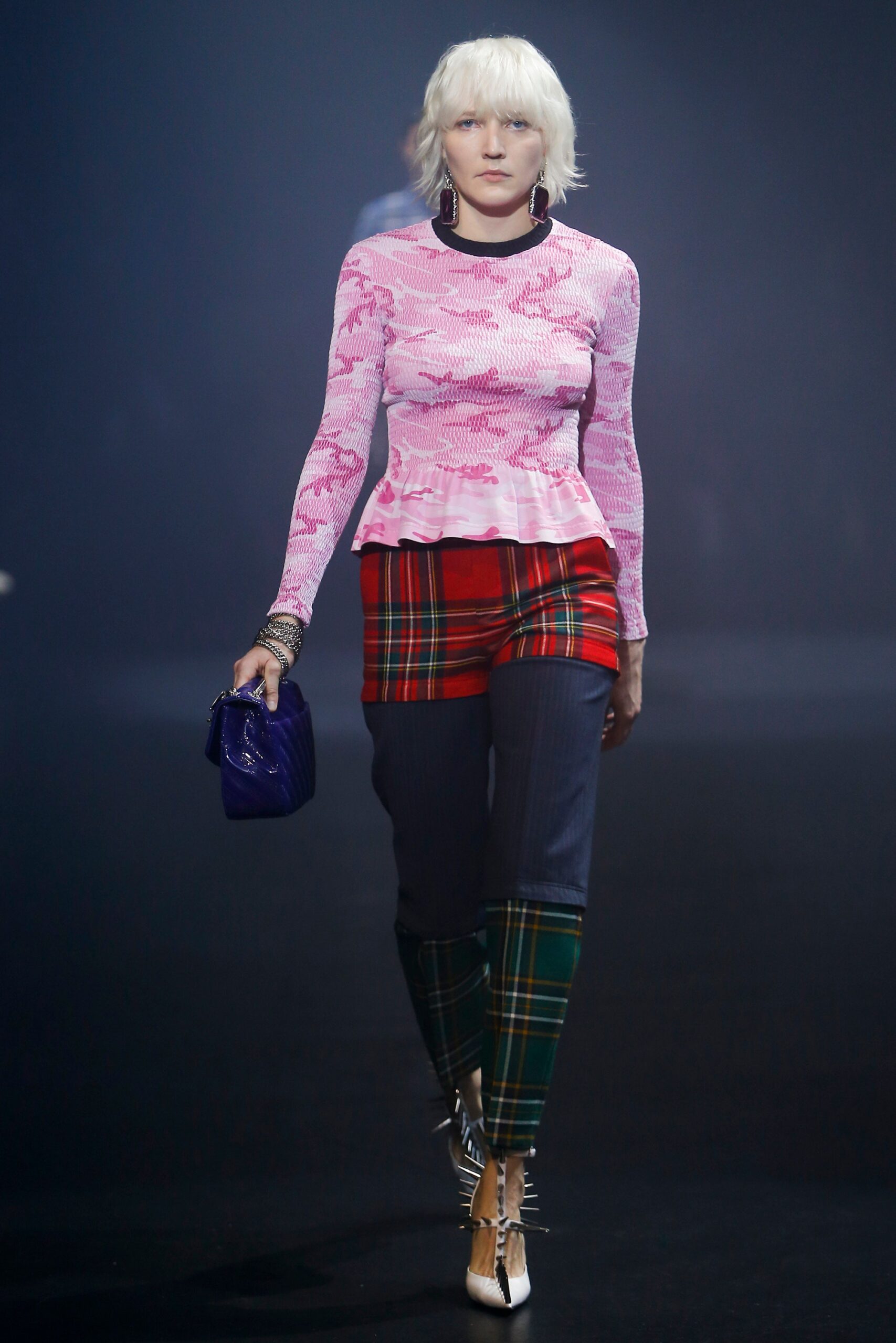 pink fitted top with plaid pants