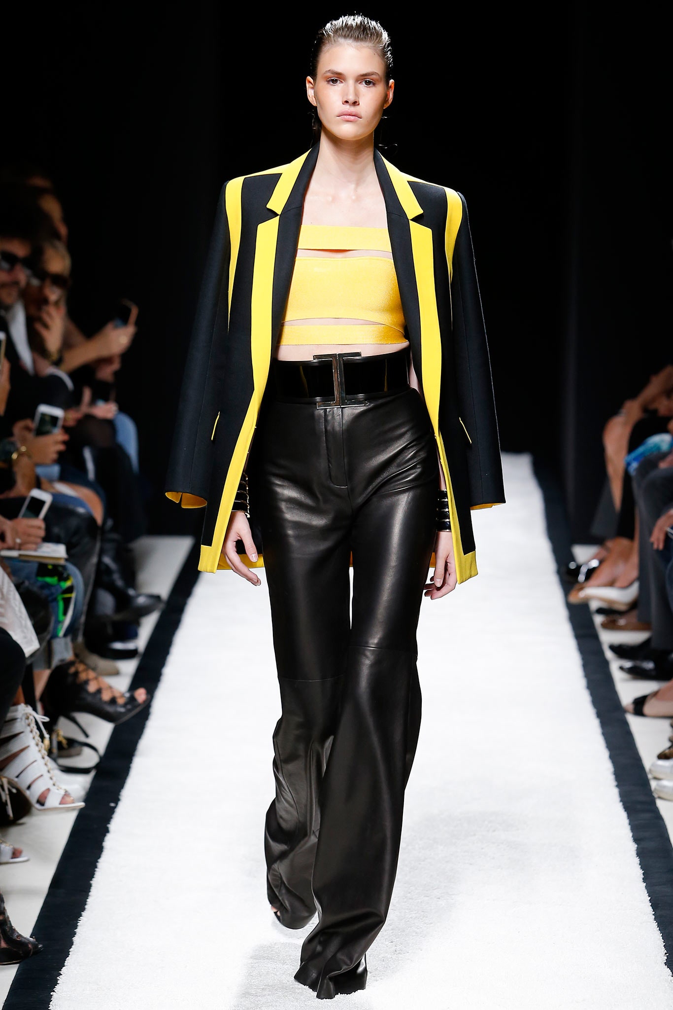 structured black and yellow blazer with fitted crop-top