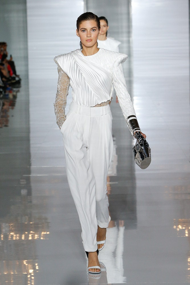white fitted top and tailored pants